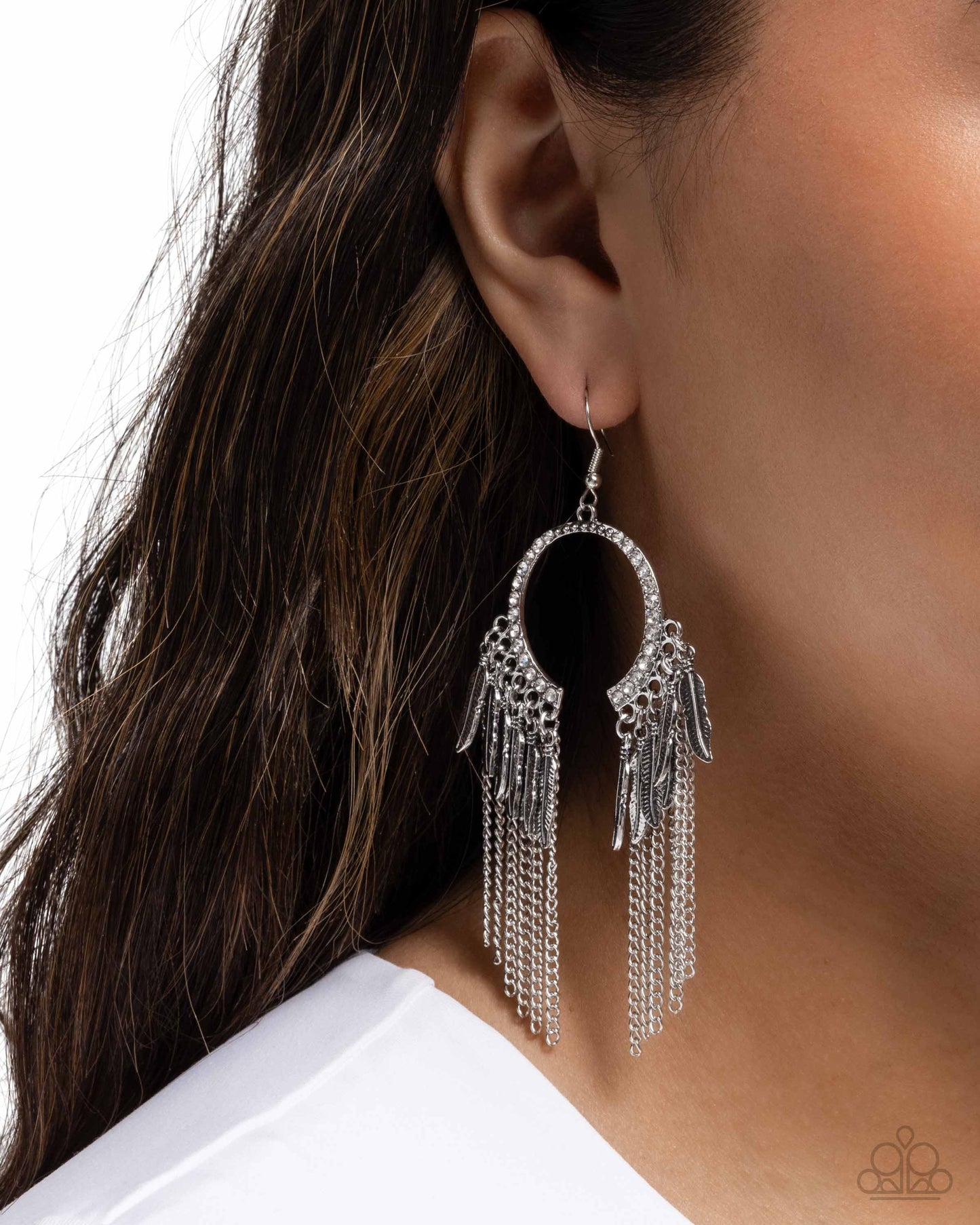 Free-Spirited Fringe - Silver Feather Fringe White Rhinestone Fishhook Earrings - Paparazzi Accessories