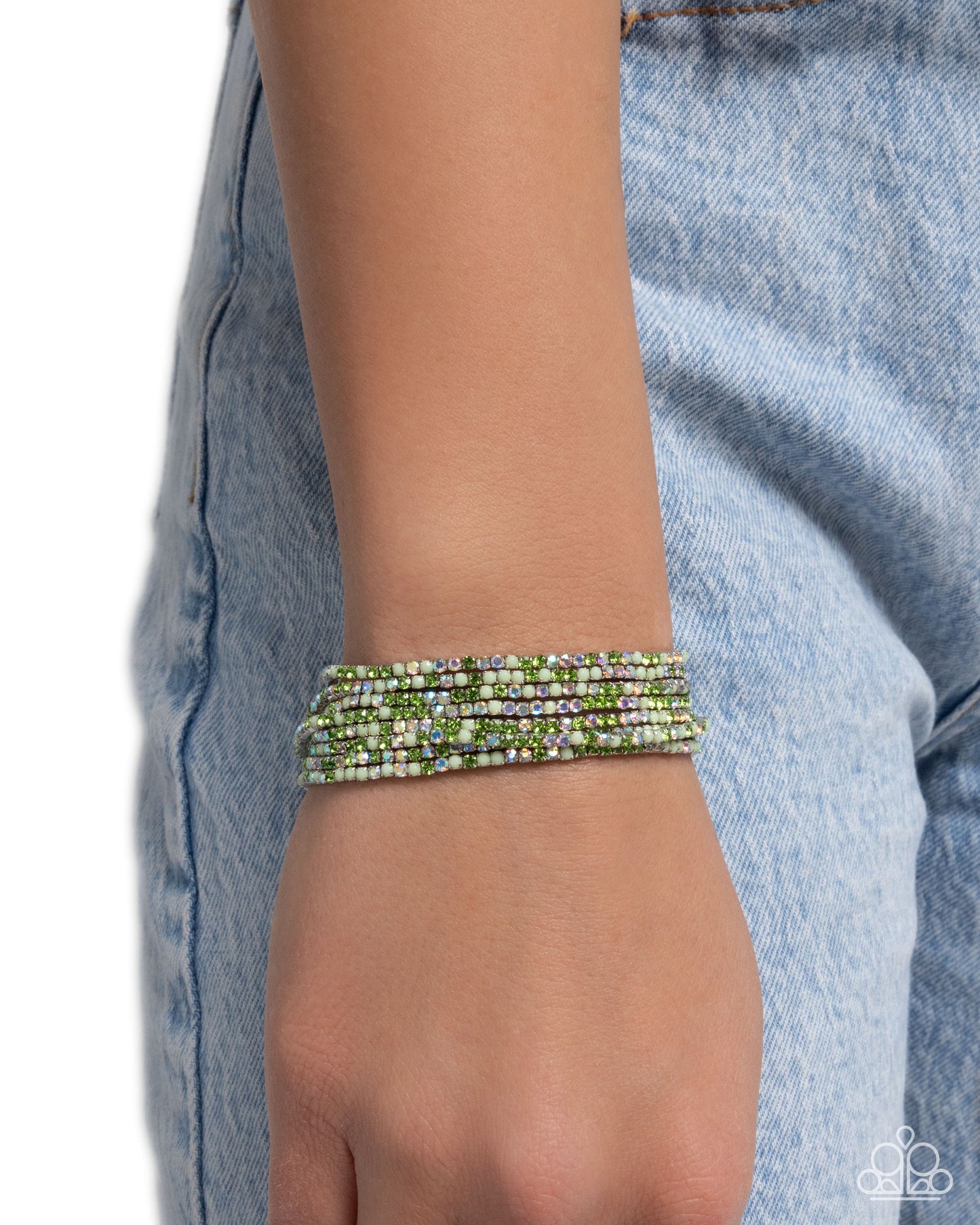 Candlelight Cascade - Green Iridescent Rhinestone Silver Stretchy Bracelets - Paparazzi Accessories