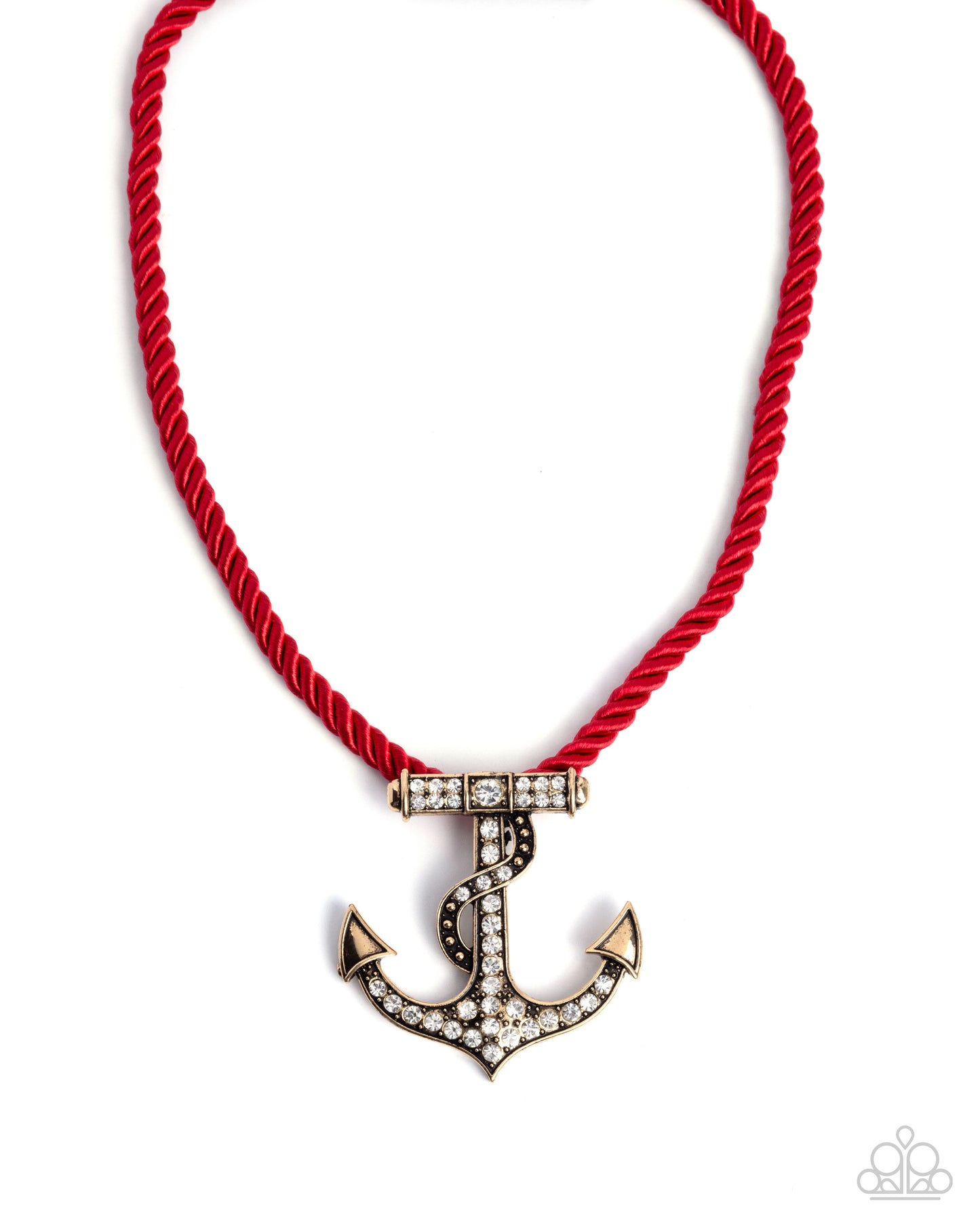 Anchored Allure - Red Corded Gold White Rhinestone Anchor Pendant Necklace - Paparazzi Accessories