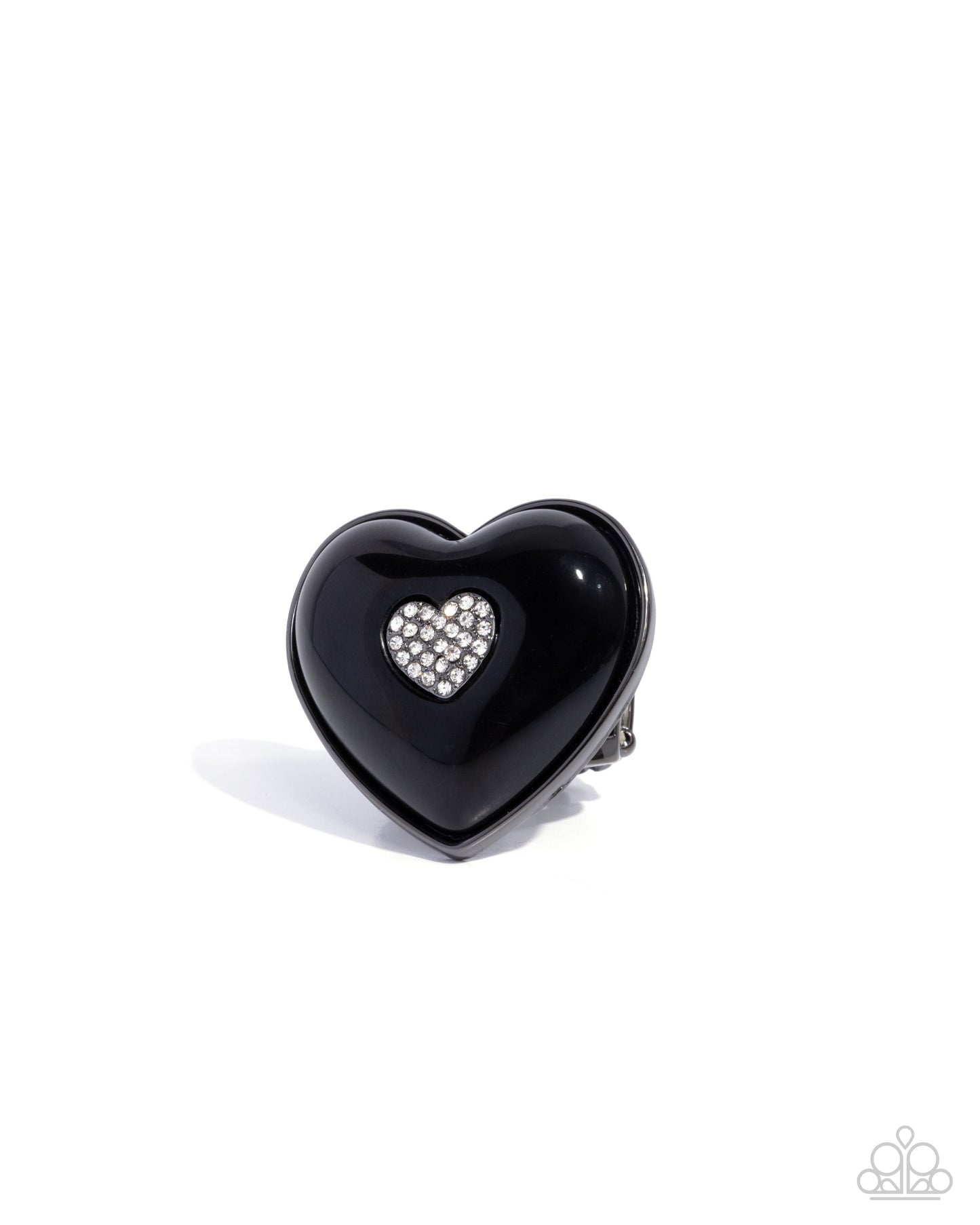 As Long As Youre Mine - Black Acrylic White Rhinestone Heart Silver Ring - Paparazzi Accessories