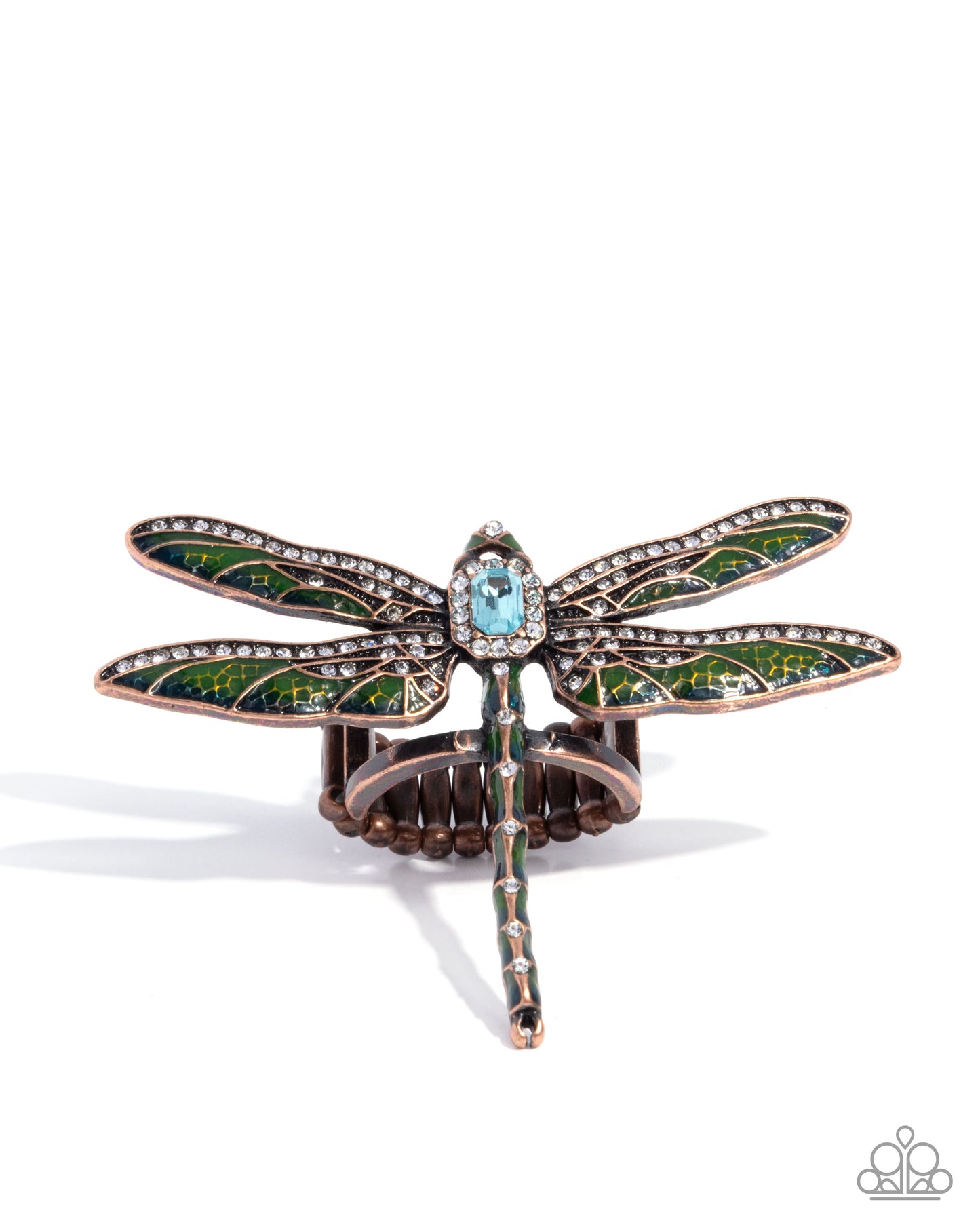 Dragonfly Delivery - Copper - Green Enamel Blue Rhinestone Ring - Paparazzi Accessories