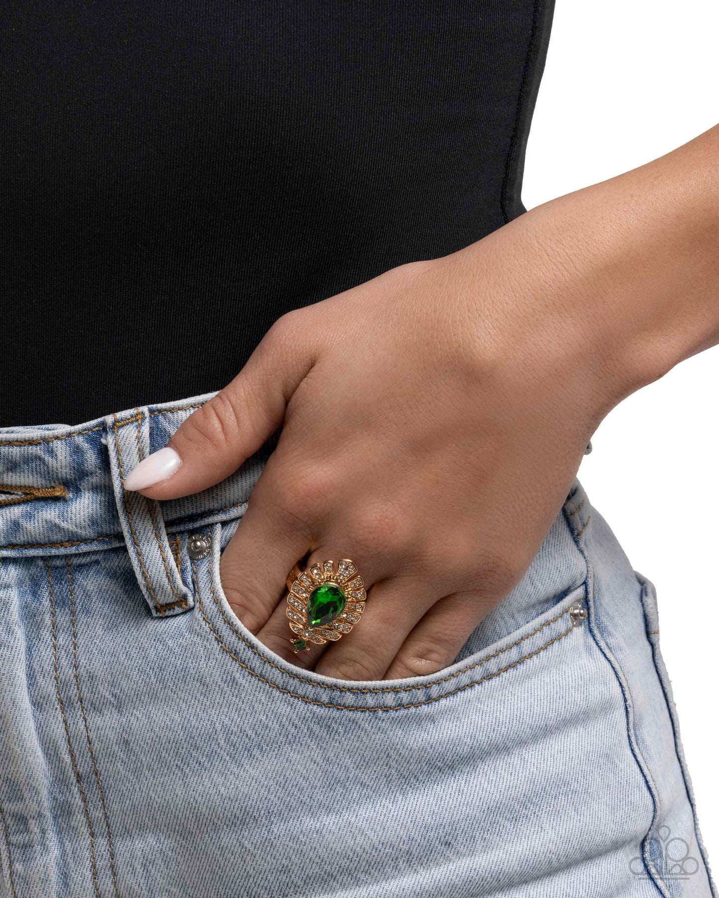 Extended Elite - Green Rhinestone Gold Ring - Paparazzi Accessories