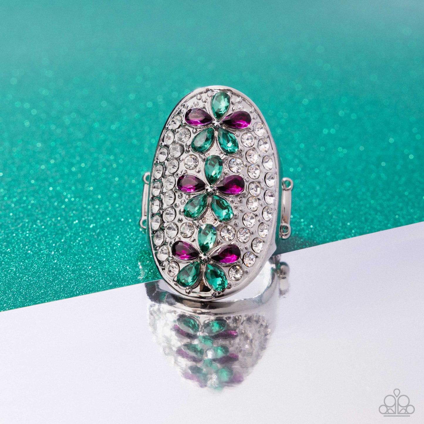 Linear Lush - Green & Purple Rhinestone Flowers Silver Ring - Paparazzi Accessories