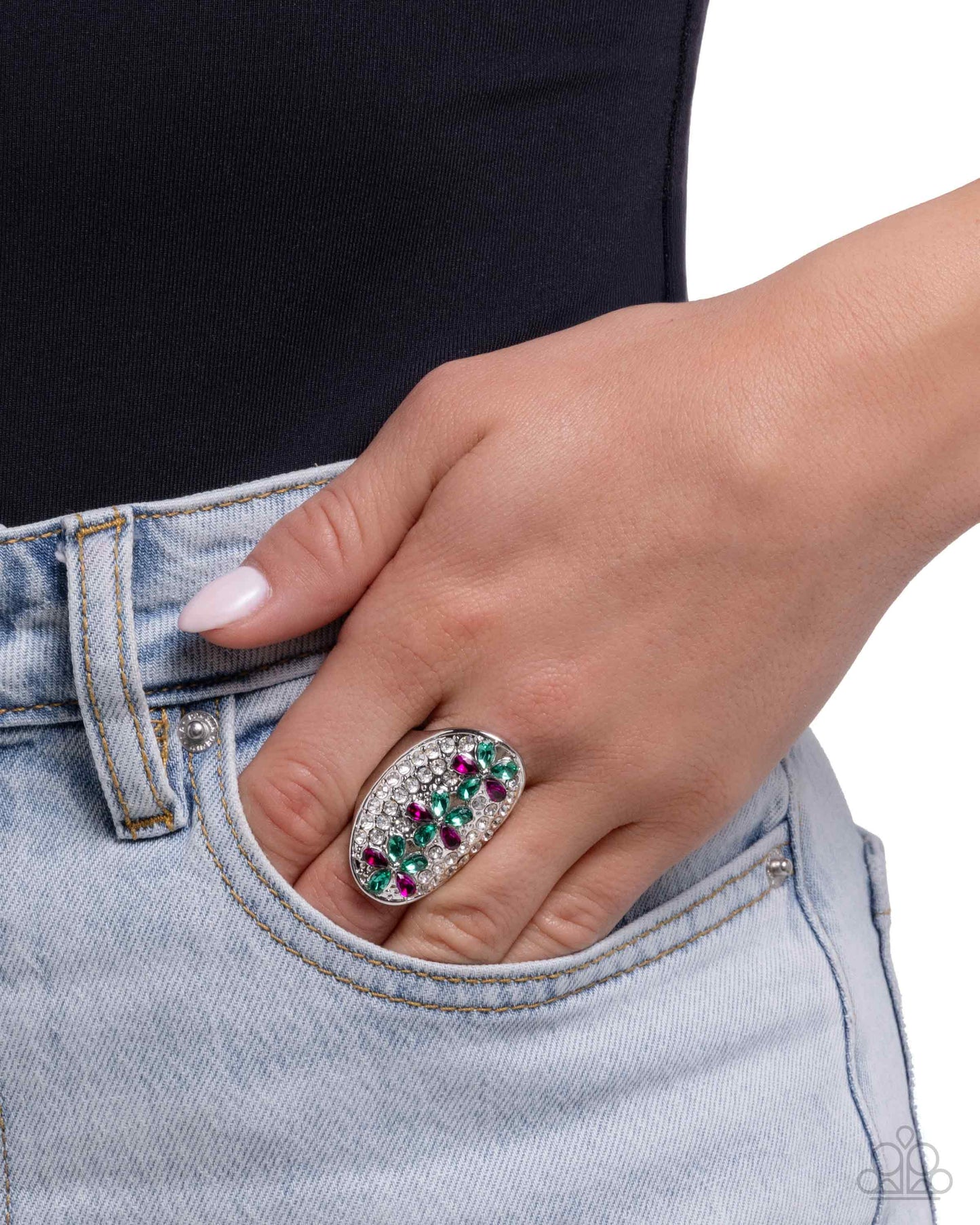 Linear Lush - Green & Purple Rhinestone Flowers Silver Ring - Paparazzi Accessories