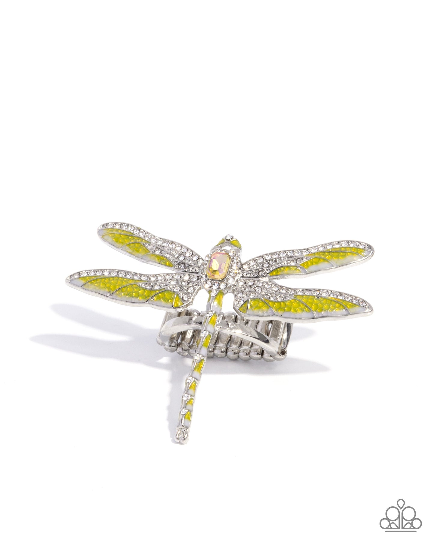 Dragonfly Delivery - Yellow Rhinestone Siver Ring - Paparazzi Accessories