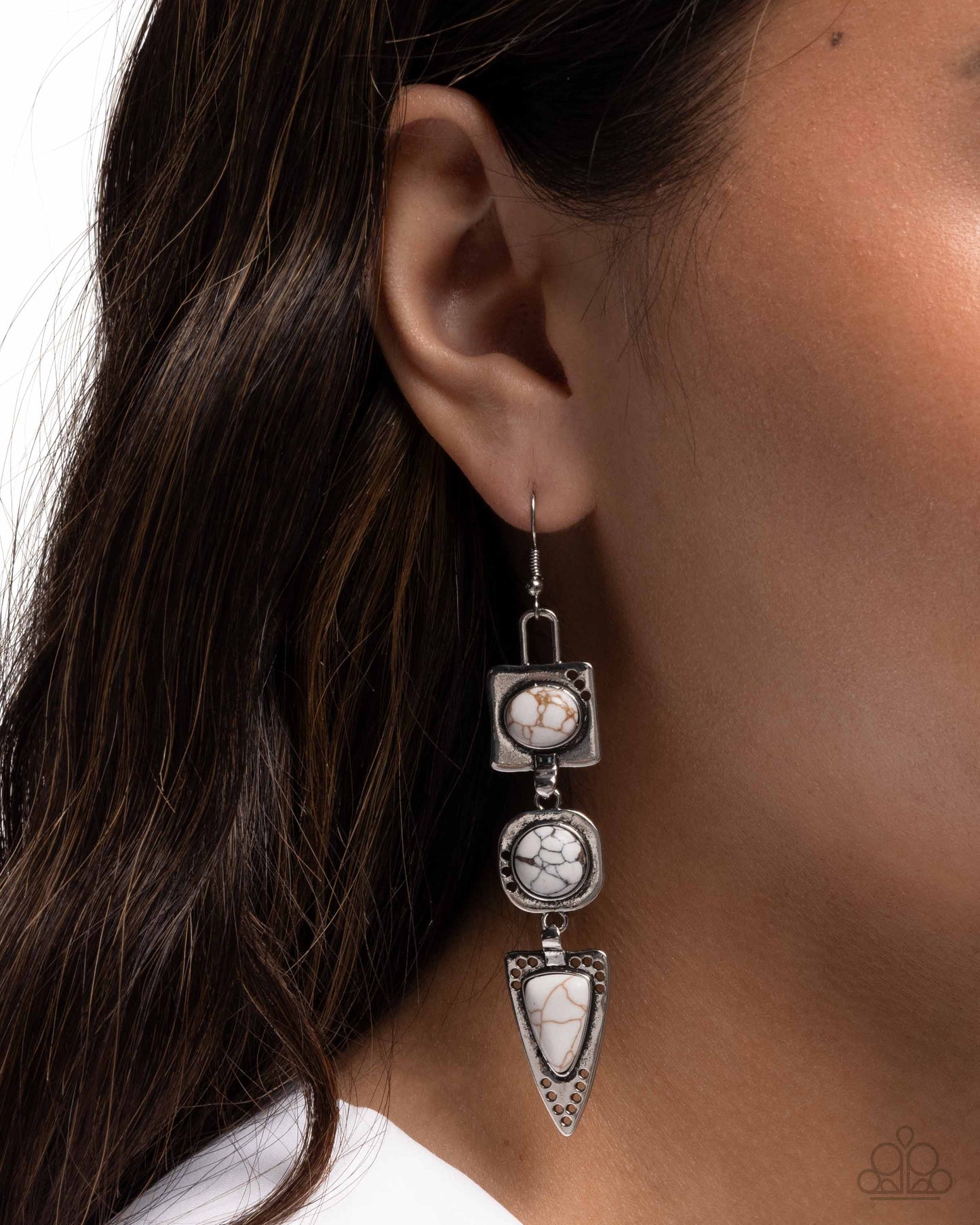 Rustic Reputation - White Marbled Stone Silver Fishhook Earrings - Paparazzi Accessories