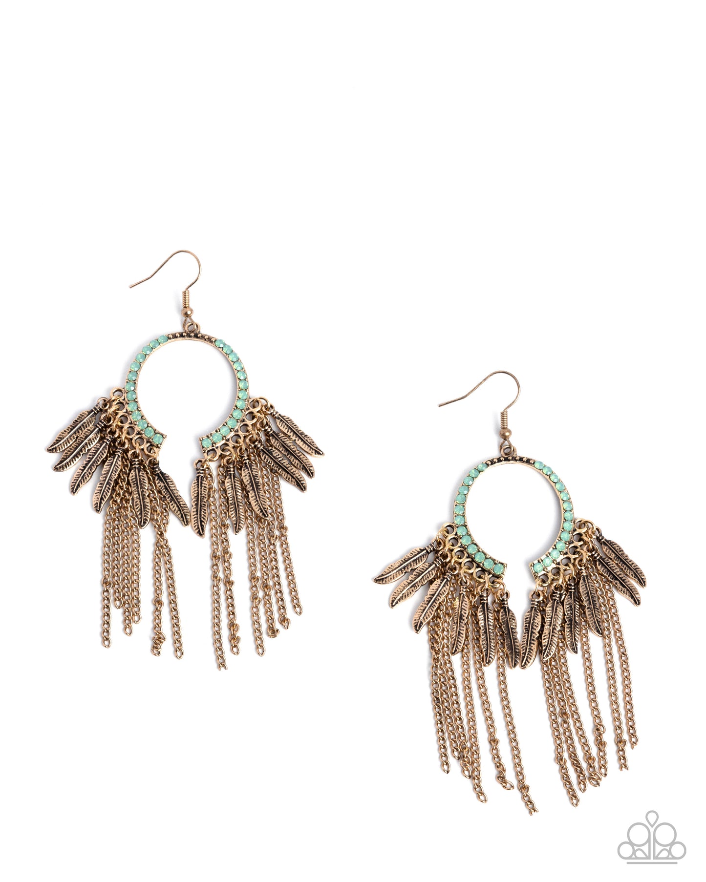 Free-Spirited Fringe - Green Opalescent Rhinestone Gold Feather Fishhook Earrings - Paparazzi Accessories