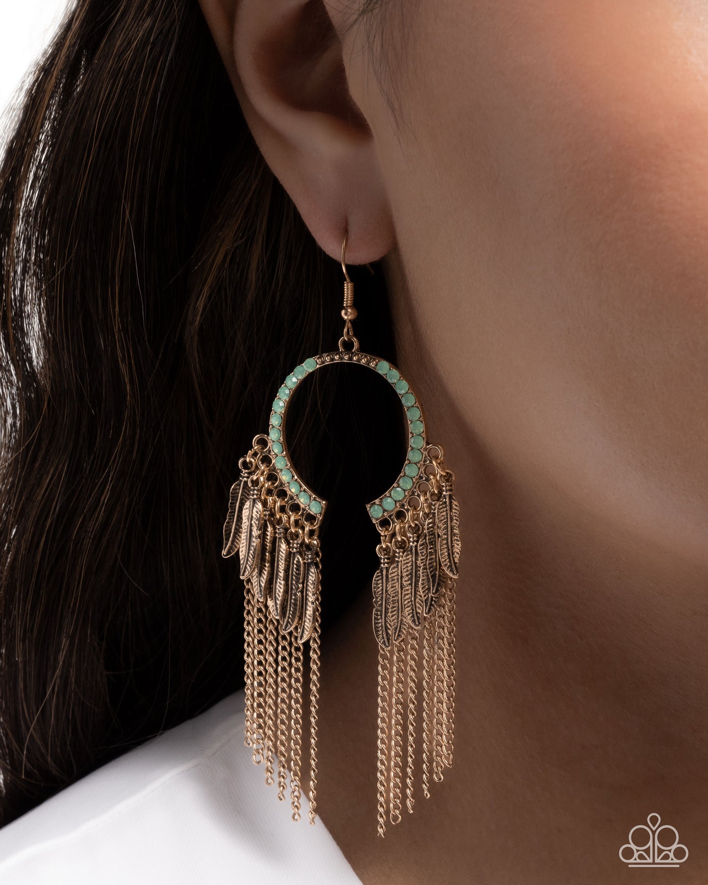 Free-Spirited Fringe - Green Opalescent Rhinestone Gold Feather Fishhook Earrings - Paparazzi Accessories