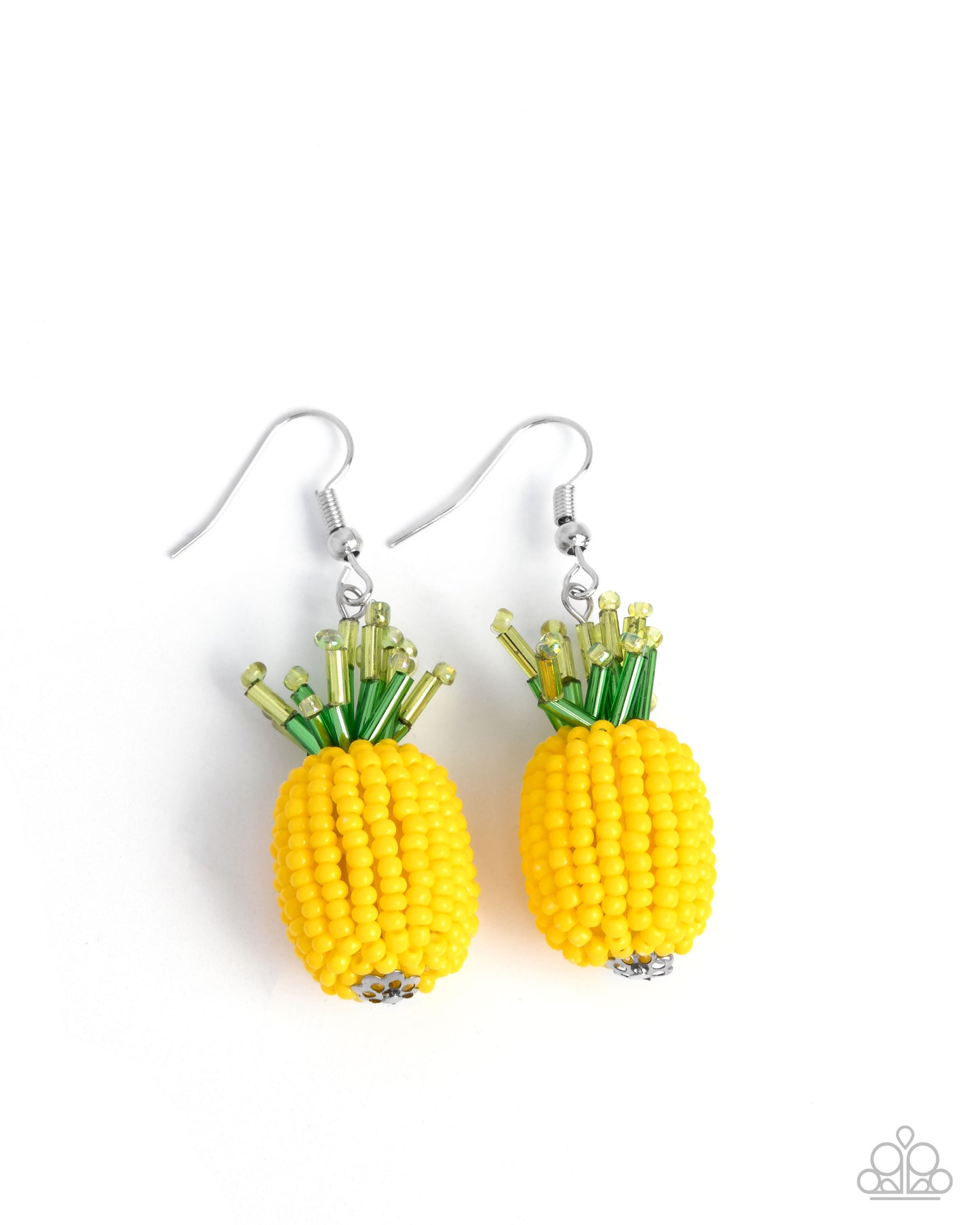 Pleasant Pineapple - Yellow Seed Beads, Green Glassy Beads, Silver Fishhook Earrings - Paparazzi Accessories