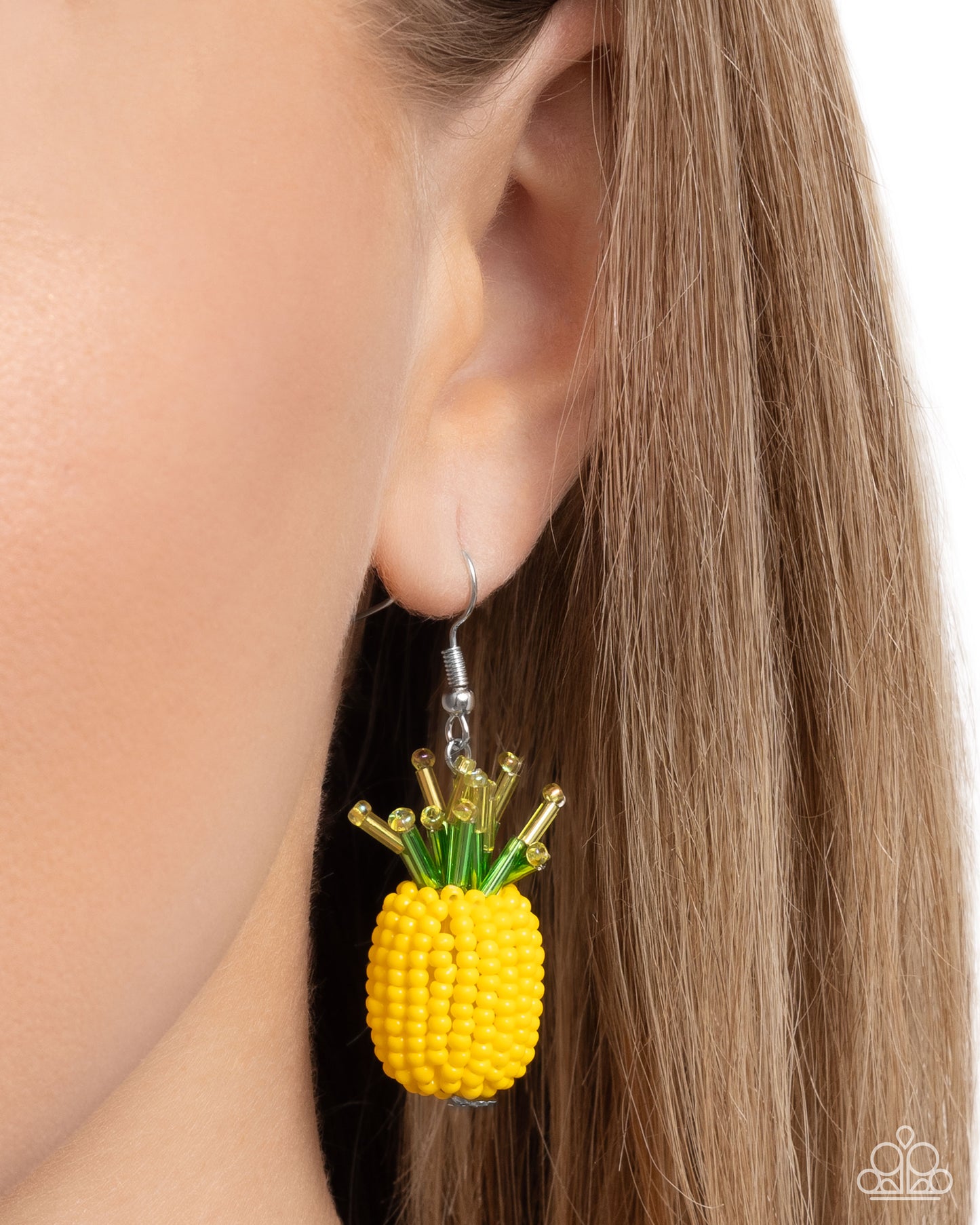 Pleasant Pineapple - Yellow Seed Beads, Green Glassy Beads, Silver Fishhook Earrings - Paparazzi Accessories