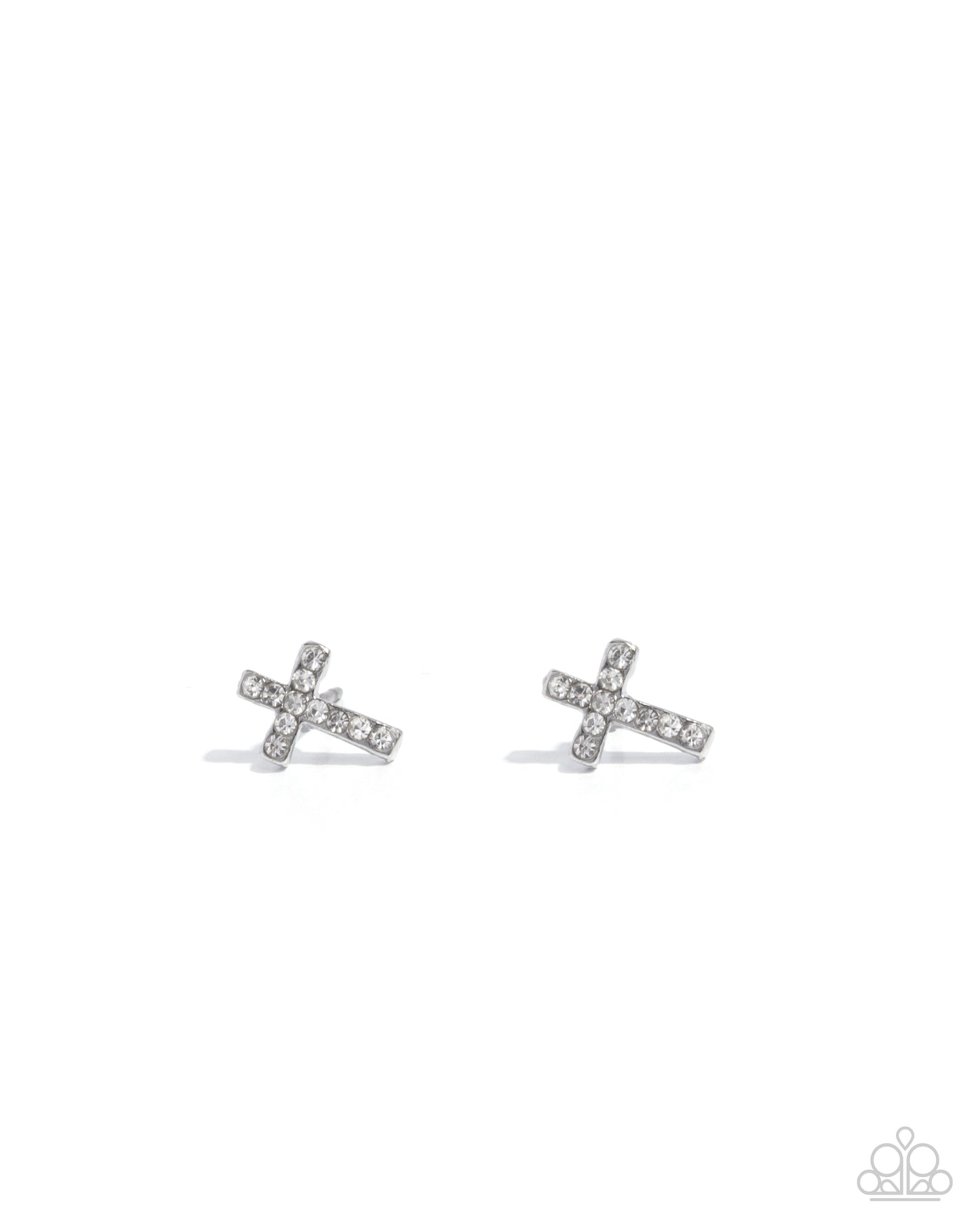 Sacred Shimmer - White Rhinestone Cross Silver Post Earrings - Paparazzi Accessories