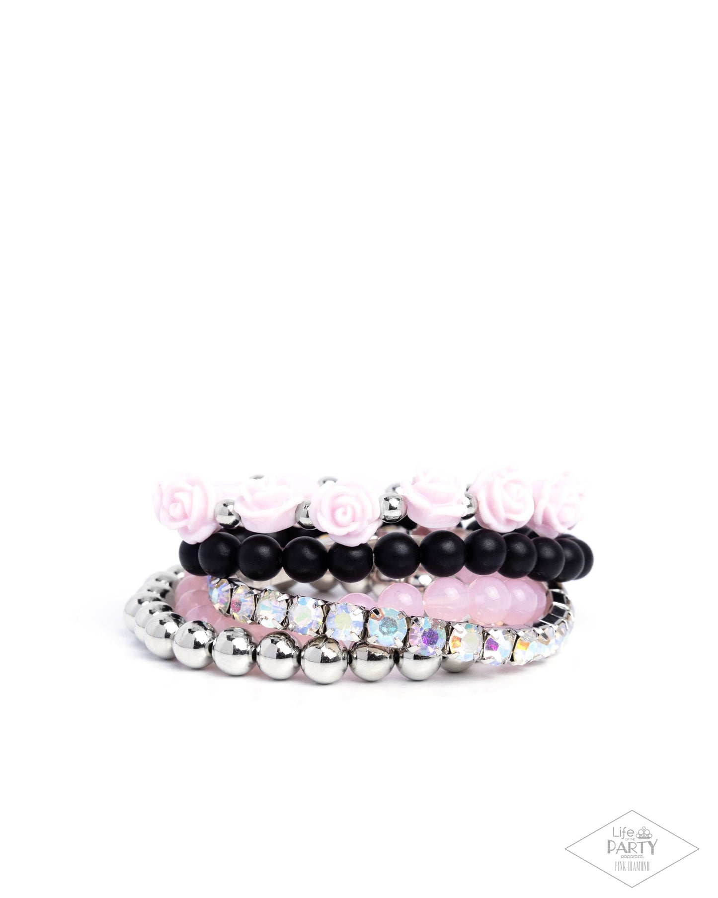 Rose Garden Grandeur - Pink Beads Iridescent Rhinestone Silver Stretchy Bracelets - Pink Diamond Exclusive - Paparazzi Accessories