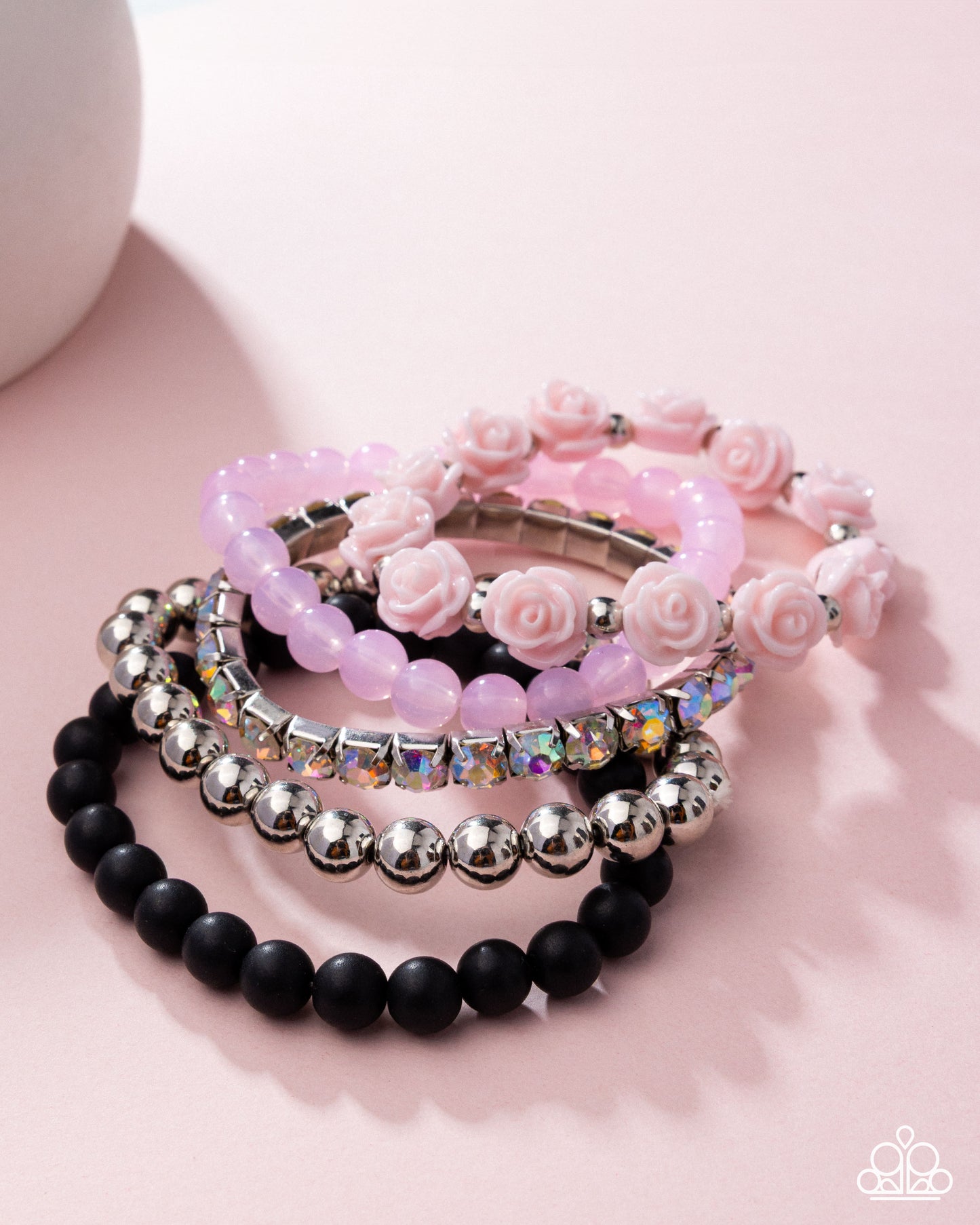 Rose Garden Grandeur - Pink Beads Iridescent Rhinestone Silver Stretchy Bracelets - Pink Diamond Exclusive - Paparazzi Accessories