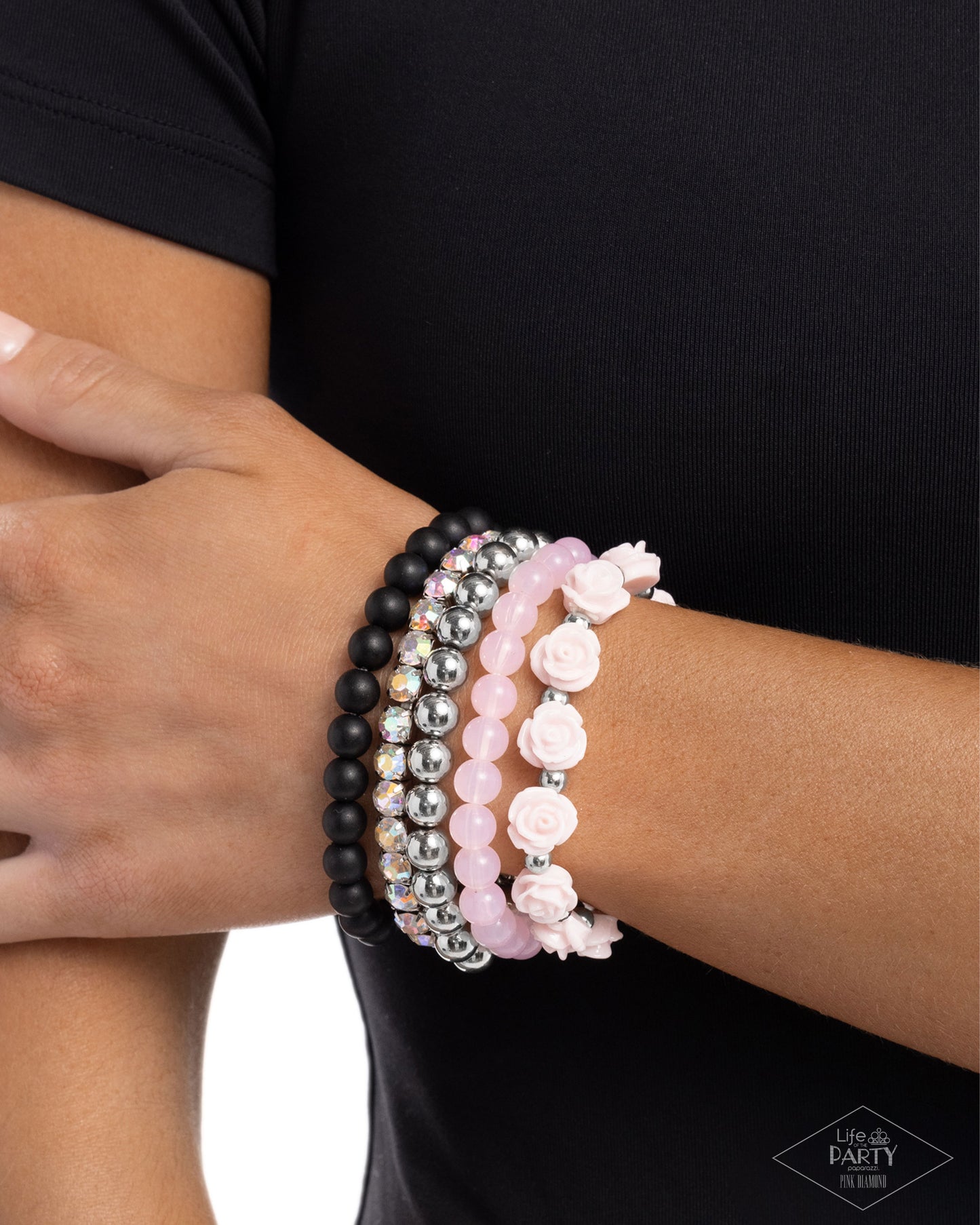 Rose Garden Grandeur - Pink Beads Iridescent Rhinestone Silver Stretchy Bracelets - Pink Diamond Exclusive - Paparazzi Accessories