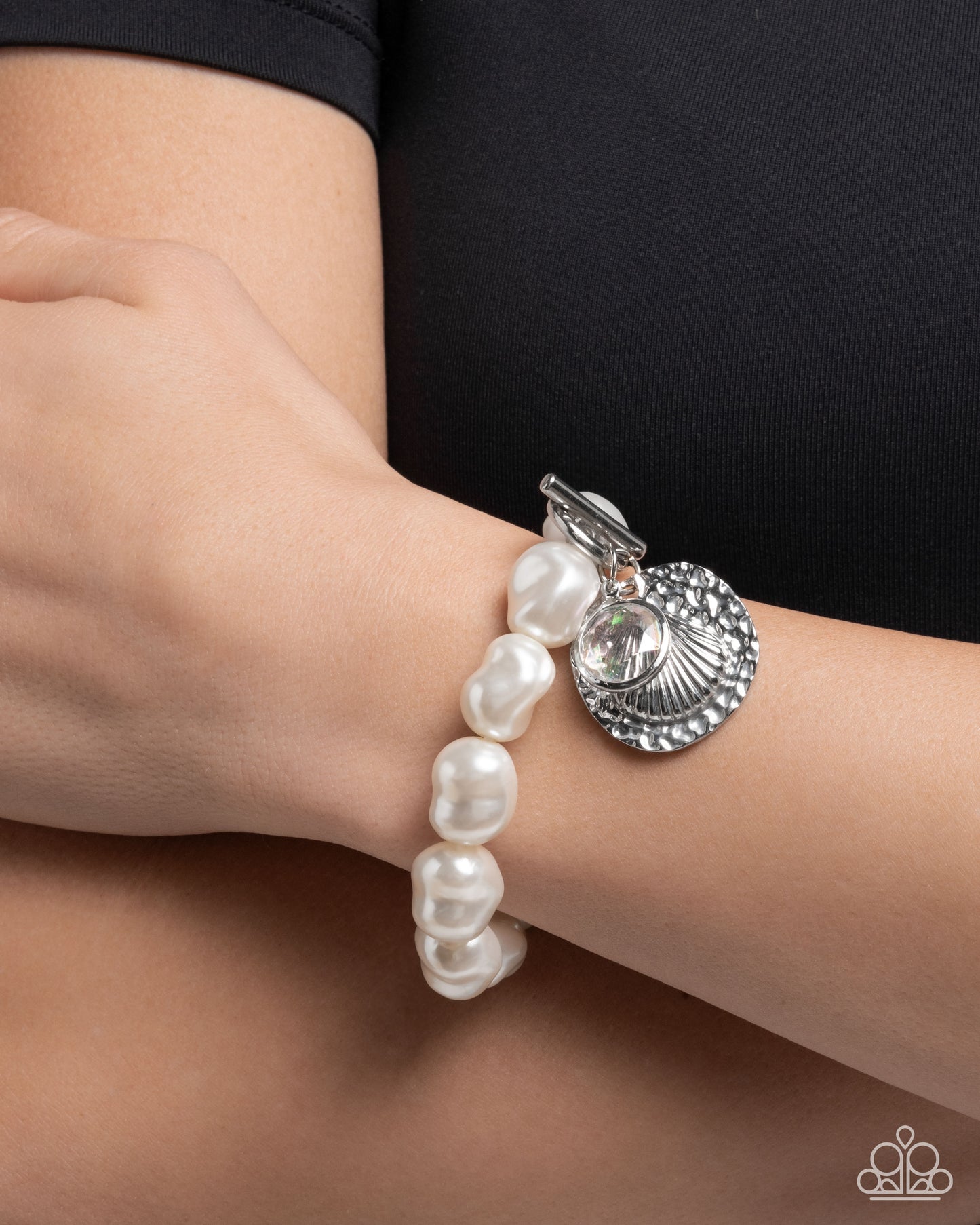 Coastal Cadenza - White Pearl Silver Ocean Charm Toggle Bracelet - Paparazzi Accessories