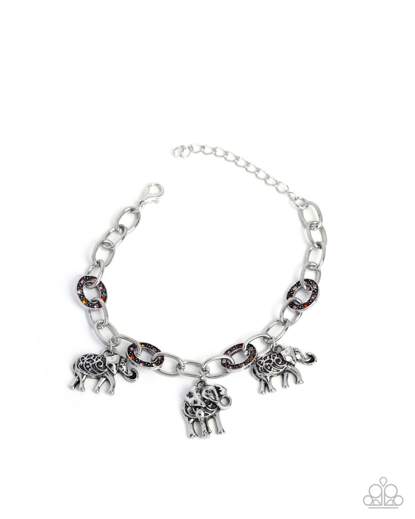 Follow the Herd - Orange Rhinestone Silver Elephant Charm Clasp Bracelet - Paparazzi Accessories