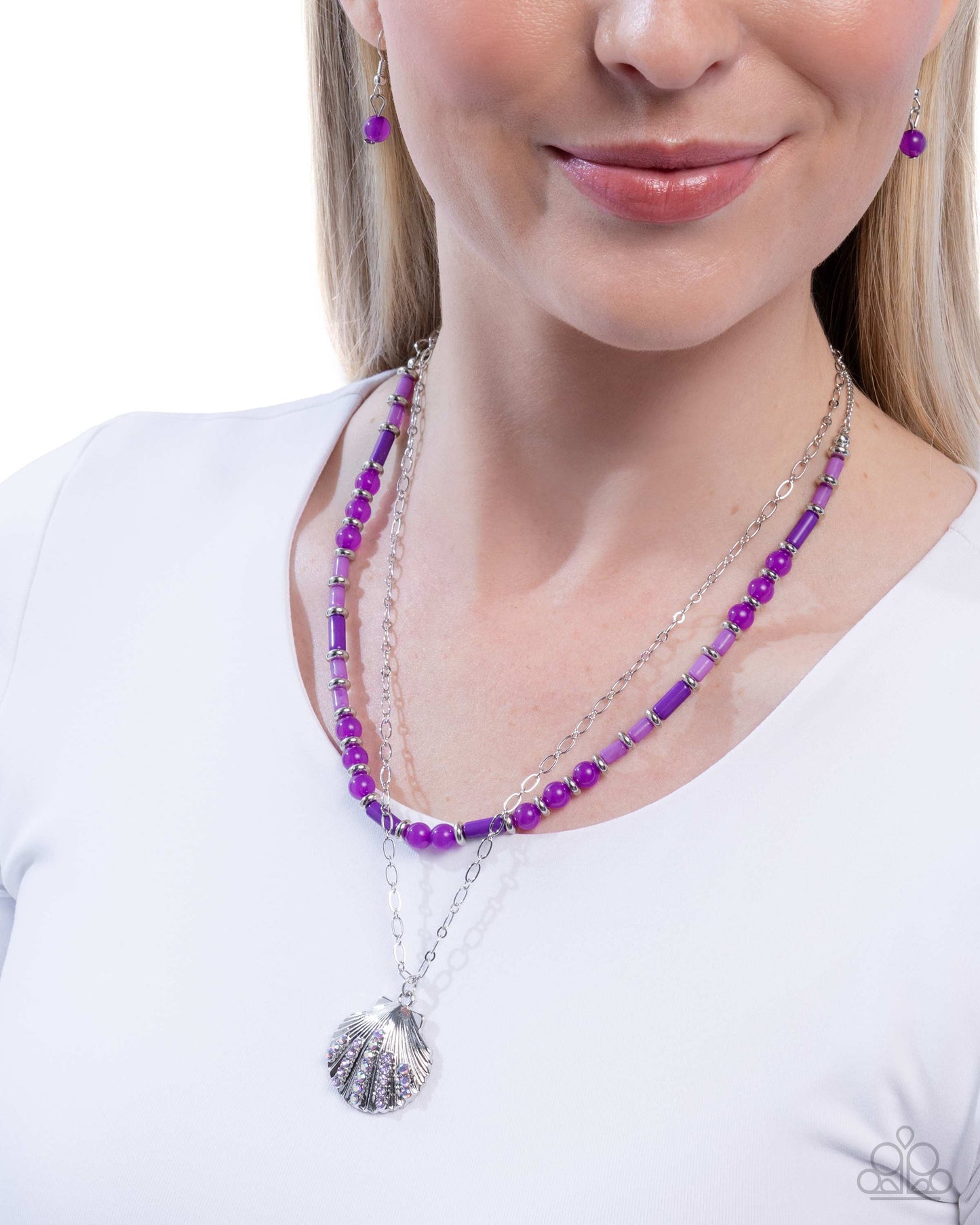 Superior Seashell - Purple Beads Iridescent Rhinestone Silver Shell Necklace - Paparazzi Accessories