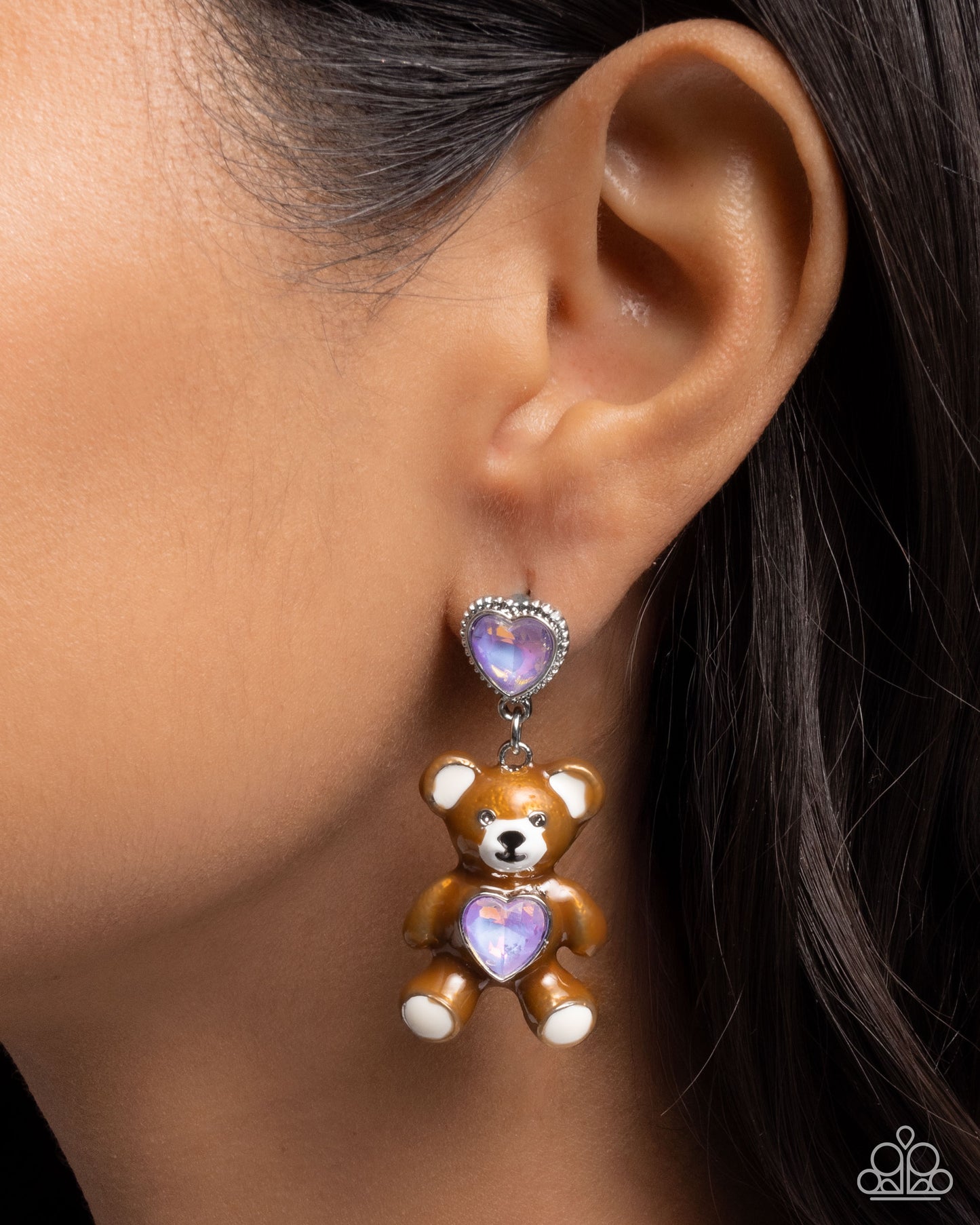 Traditional Teddy - Purple UV Shimmer Heart Gem Brown Enamel Bear Silver Post Earrings - Paparazzi Accessories