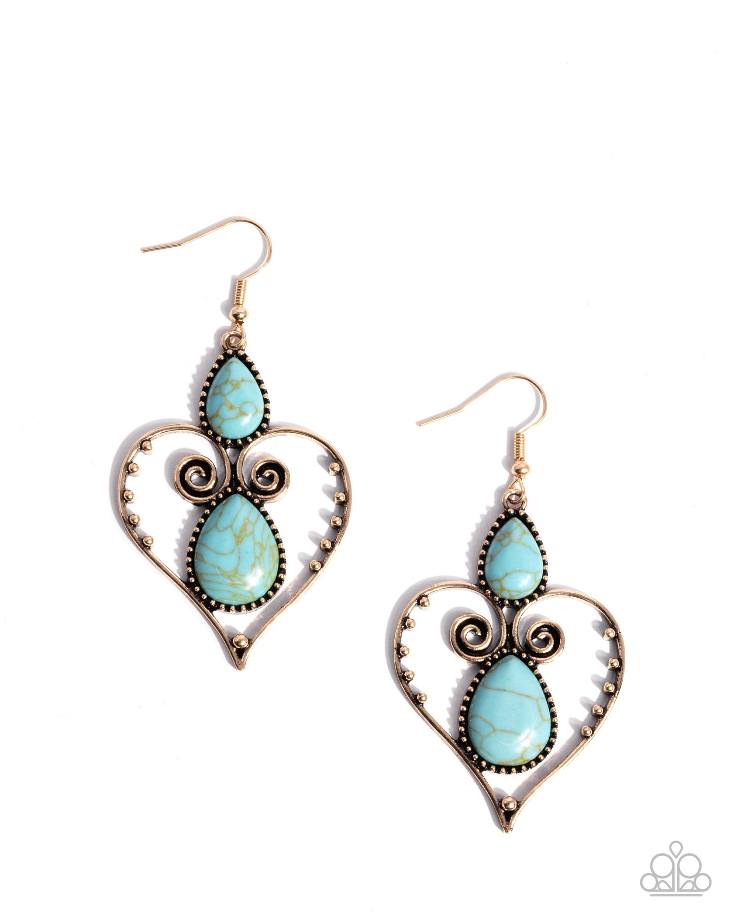 Selfless Stones - Gold Heart, Blue Turquoise Crackle Stone Fishhook Earrings - Paparazzi Accessories