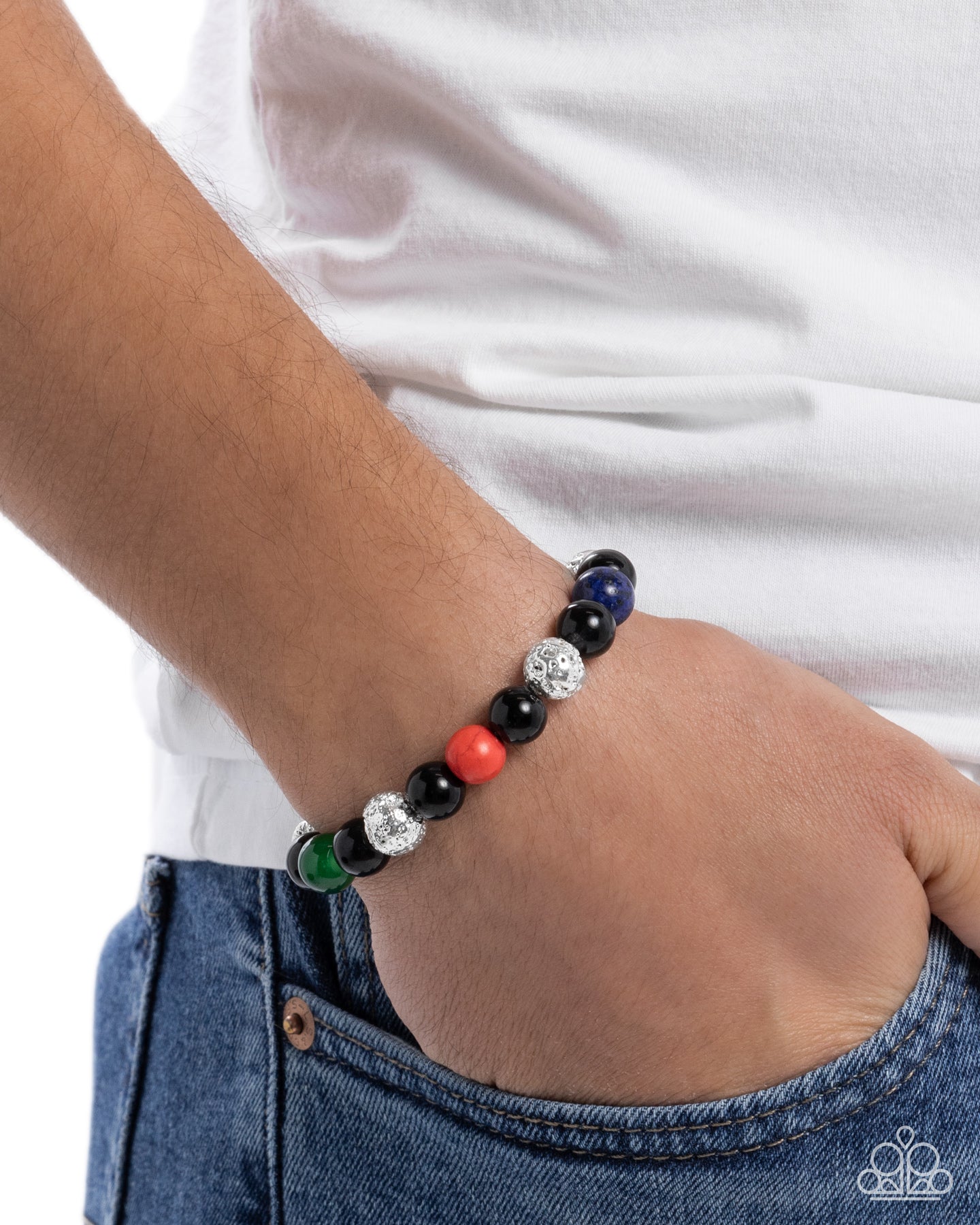Hammered Hero - Multi - Lapis, Tiger's Eye, Orange, Jade, Red, Lava Stone Beads Urban Stretchy Bracelet - Paparazzi Accessories