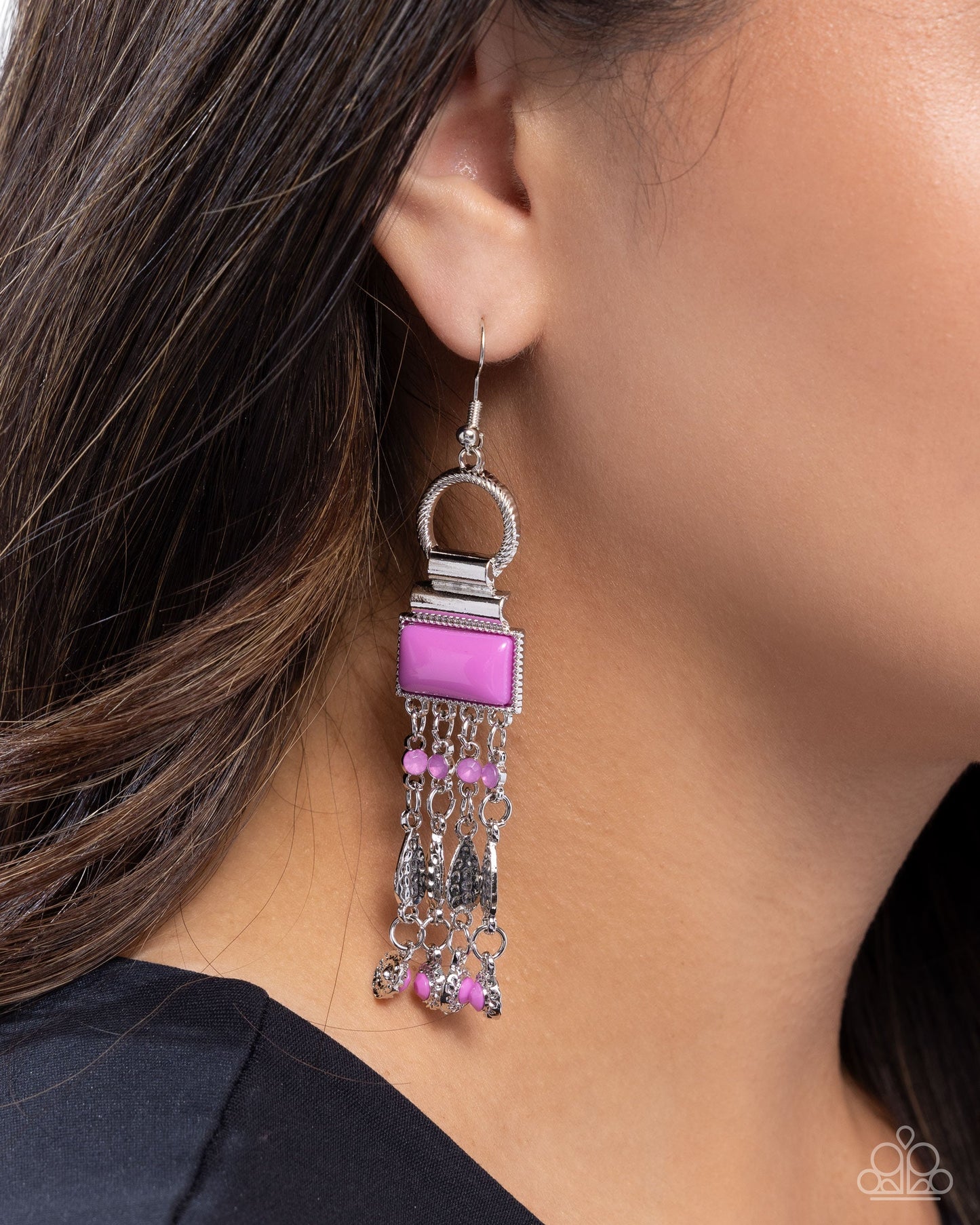 Complimentary Cascade - Purple Acrylic Silver Fishhook Earrings - Paparazzi Accessories