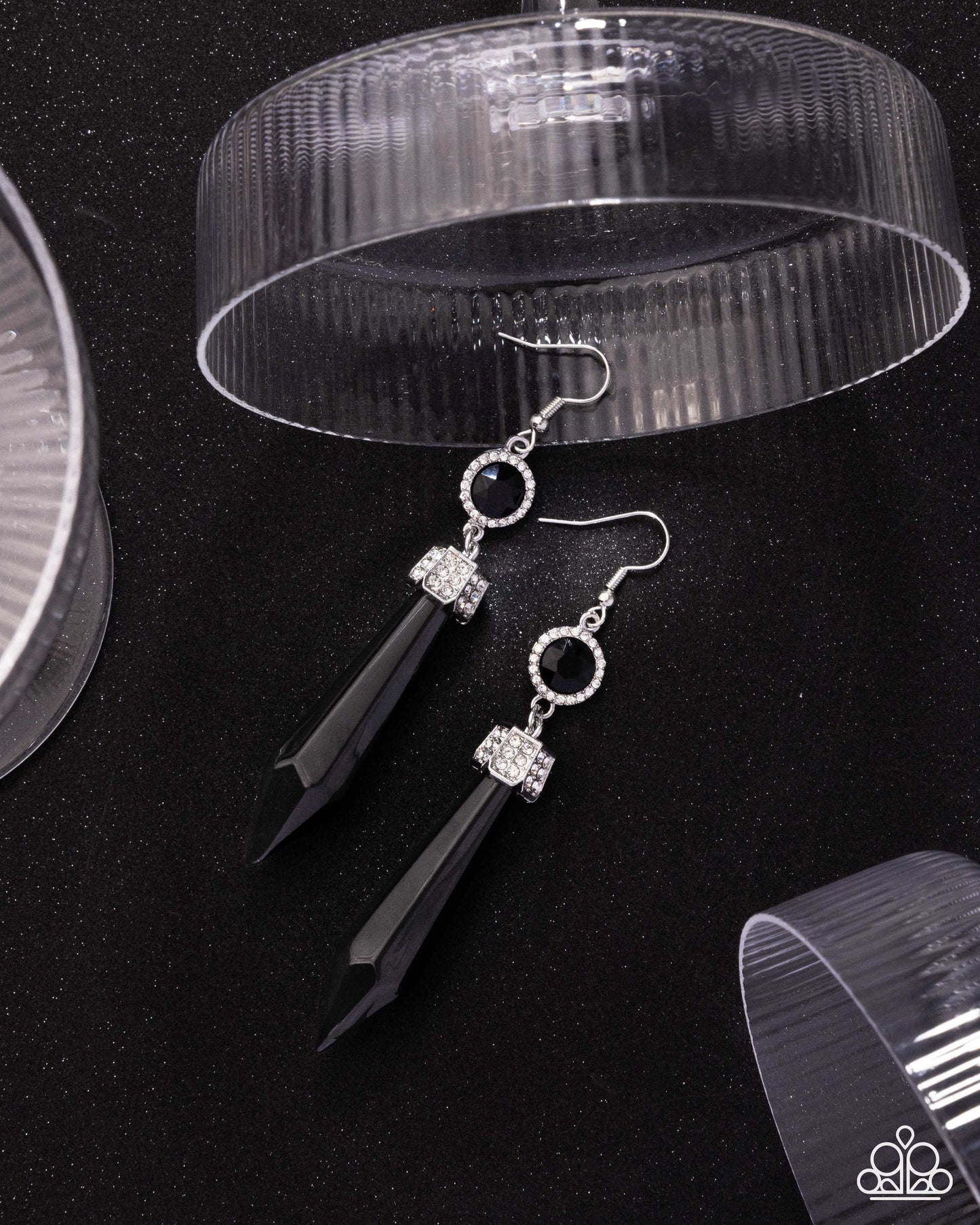 Palatial Pizzazz - Black Gemstone, White Rhinestone Silver Fishhook Earrings - Paparazzi Accessories