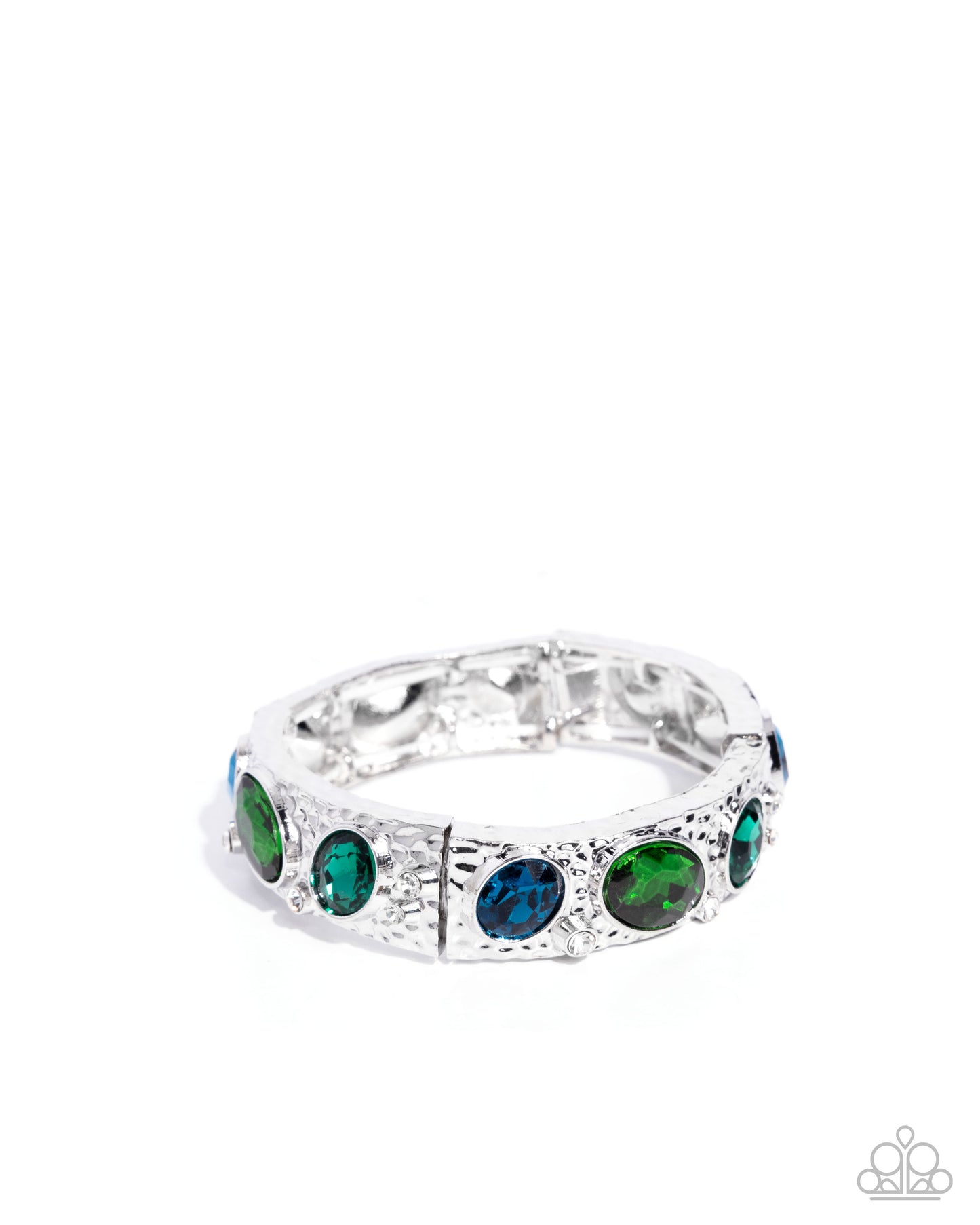 Colorful Castle - Green Oval Gems Hammered Silver Stretchy Bracelet - Paparazzi Accessories