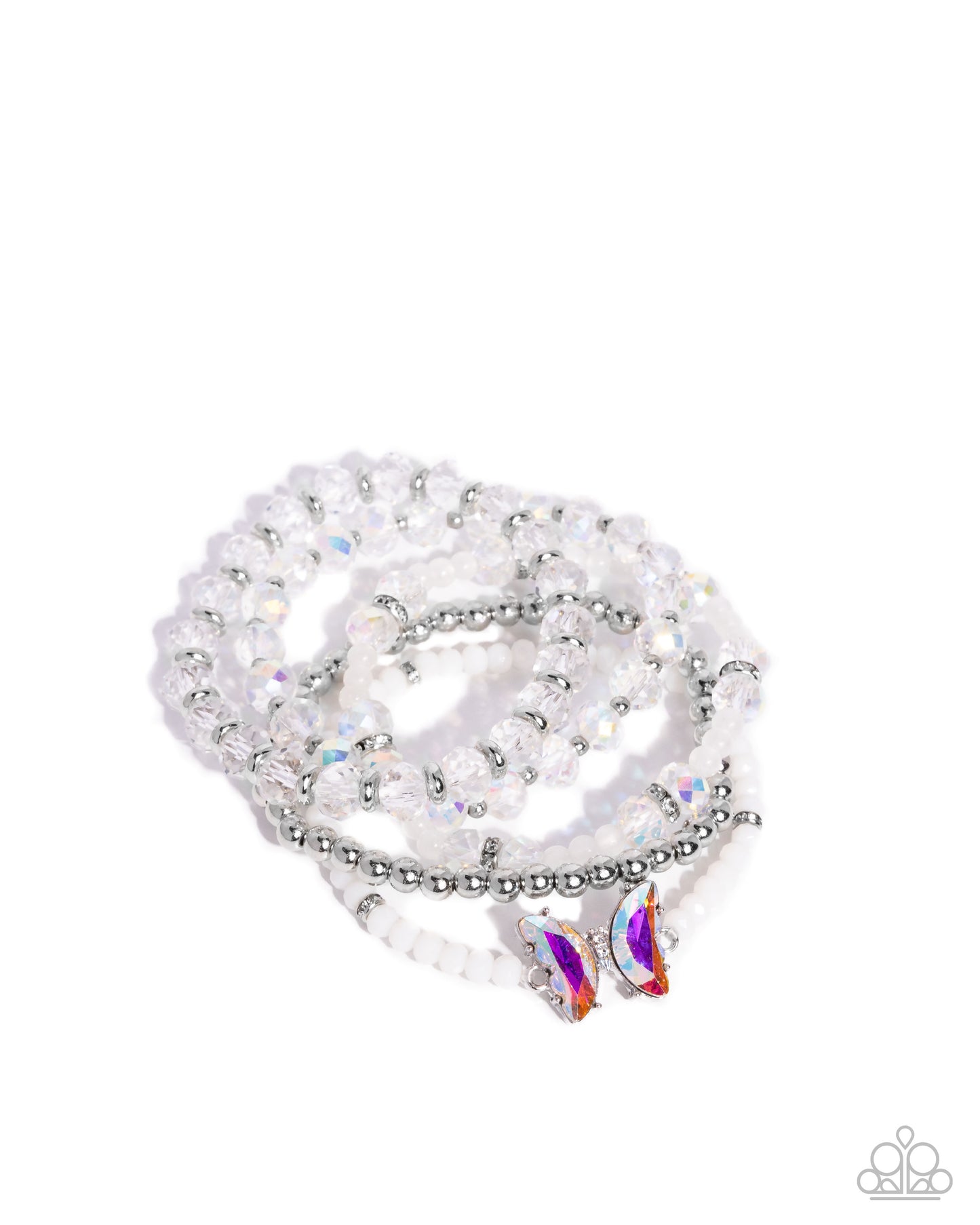 Aerial Abundance - White Beads Iridescent Rhinestone Butterfly Silver Stretchy Bracelets - Paparazzi Accessories