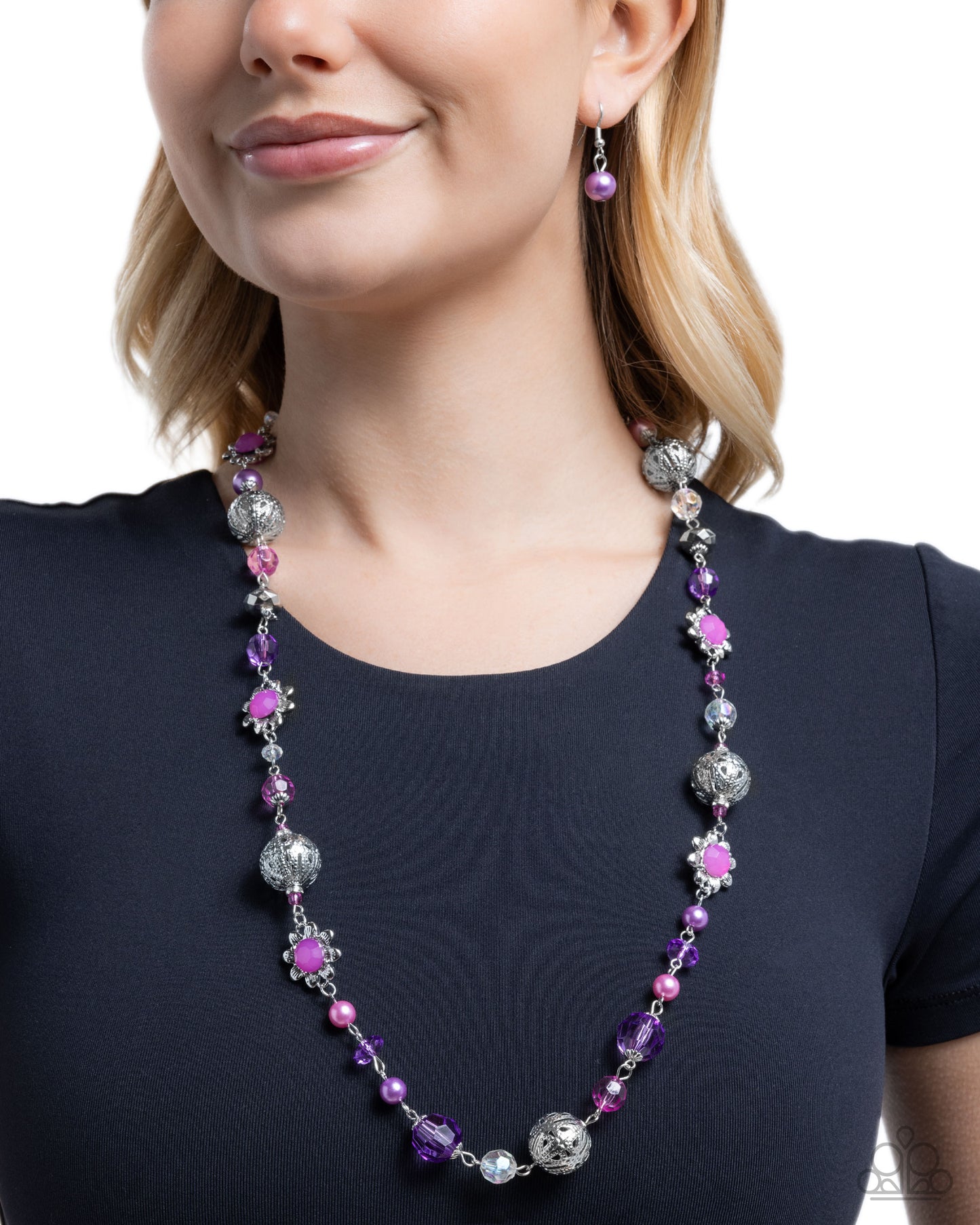 Wishful Whimsy - Purple Pearl & Beads Silver Floral Necklace - Paparazzi Accessories