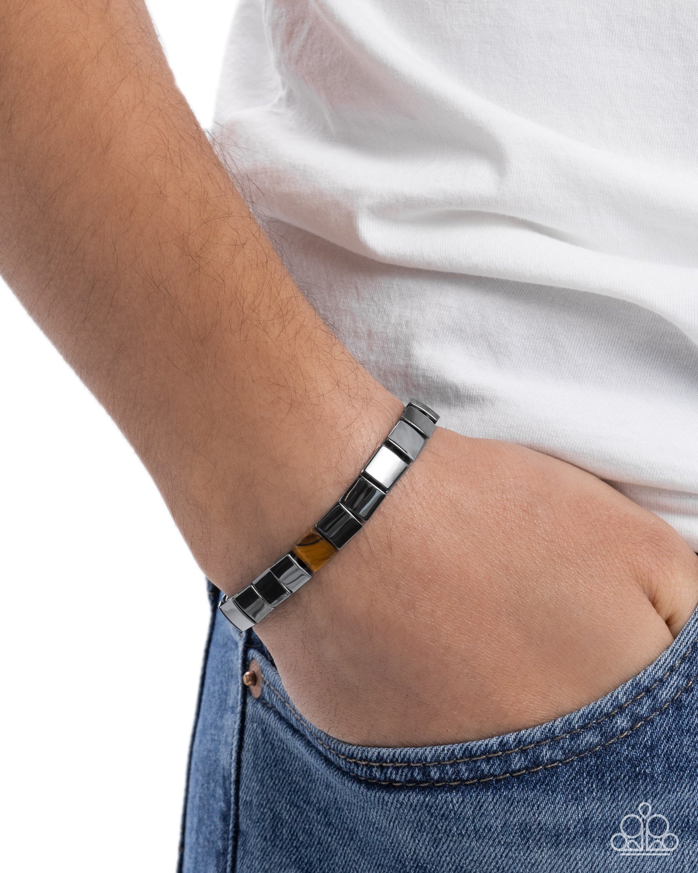 Sporadic Squares - Brown Tigers Eye Stone, Gunmetal Urban Stretchy Bracelet - Paparazzi Accessories