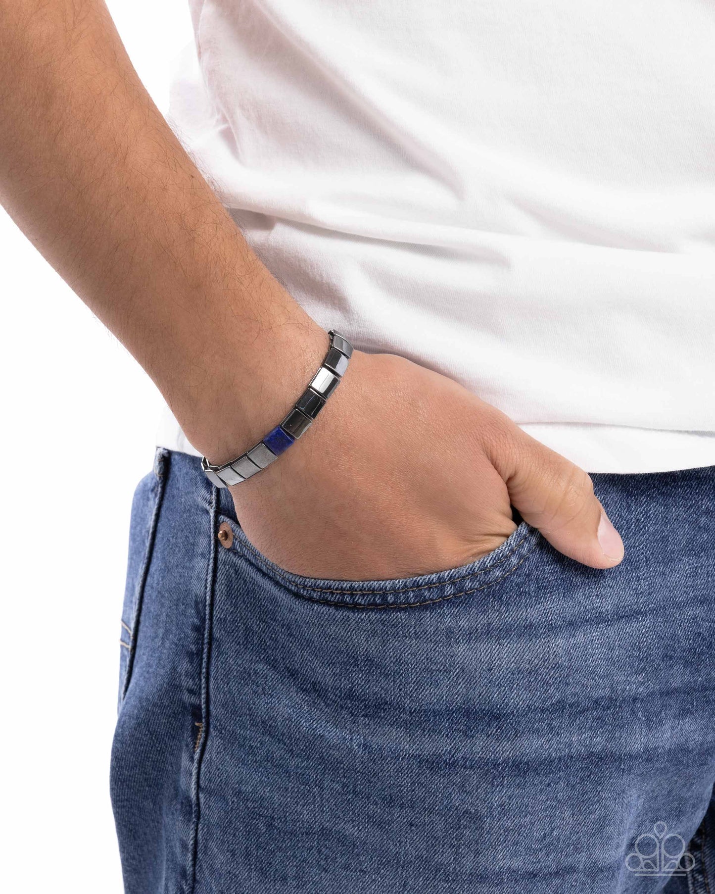 Sporadic Squares - Blue Lapis Stone Gunmetal Bead Urban Stretchy Bracelet - Paparazzi Accessories