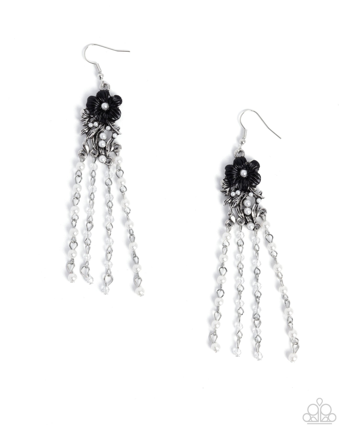 Flawless Floral - Black Flower White Pearl Silver Fishhook Earrings - Paparazzi Accessories