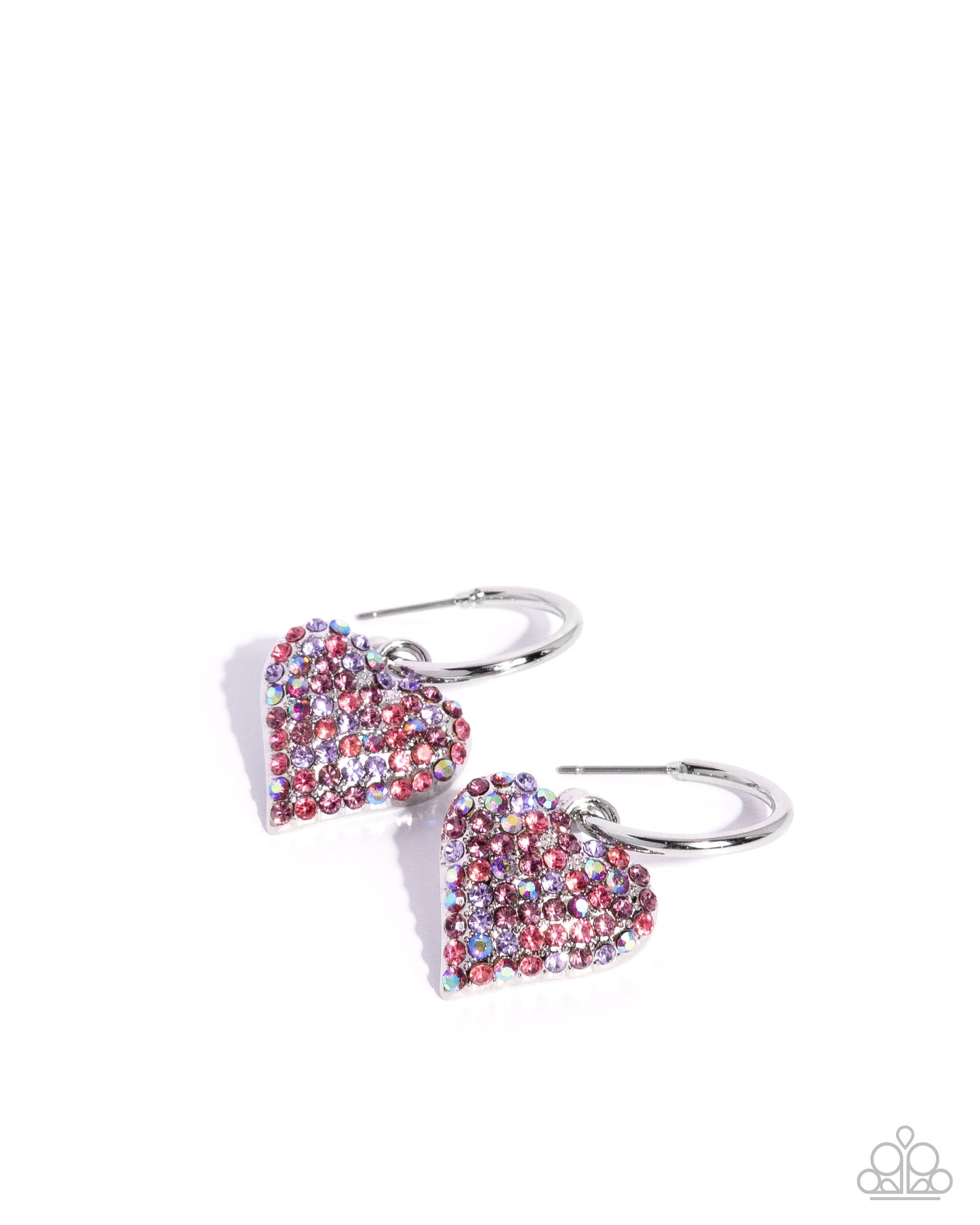 Heartfelt Hypnosis - Purple Iridescent Rhinestone Silver Heart Drop Hoop Earrings - Paparazzi Accessories