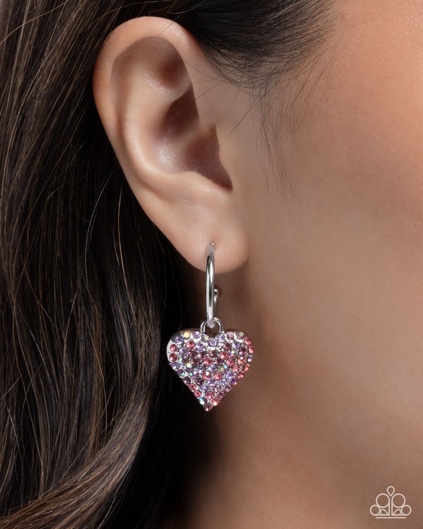 Heartfelt Hypnosis - Purple Iridescent Rhinestone Silver Heart Drop Hoop Earrings - Paparazzi Accessories