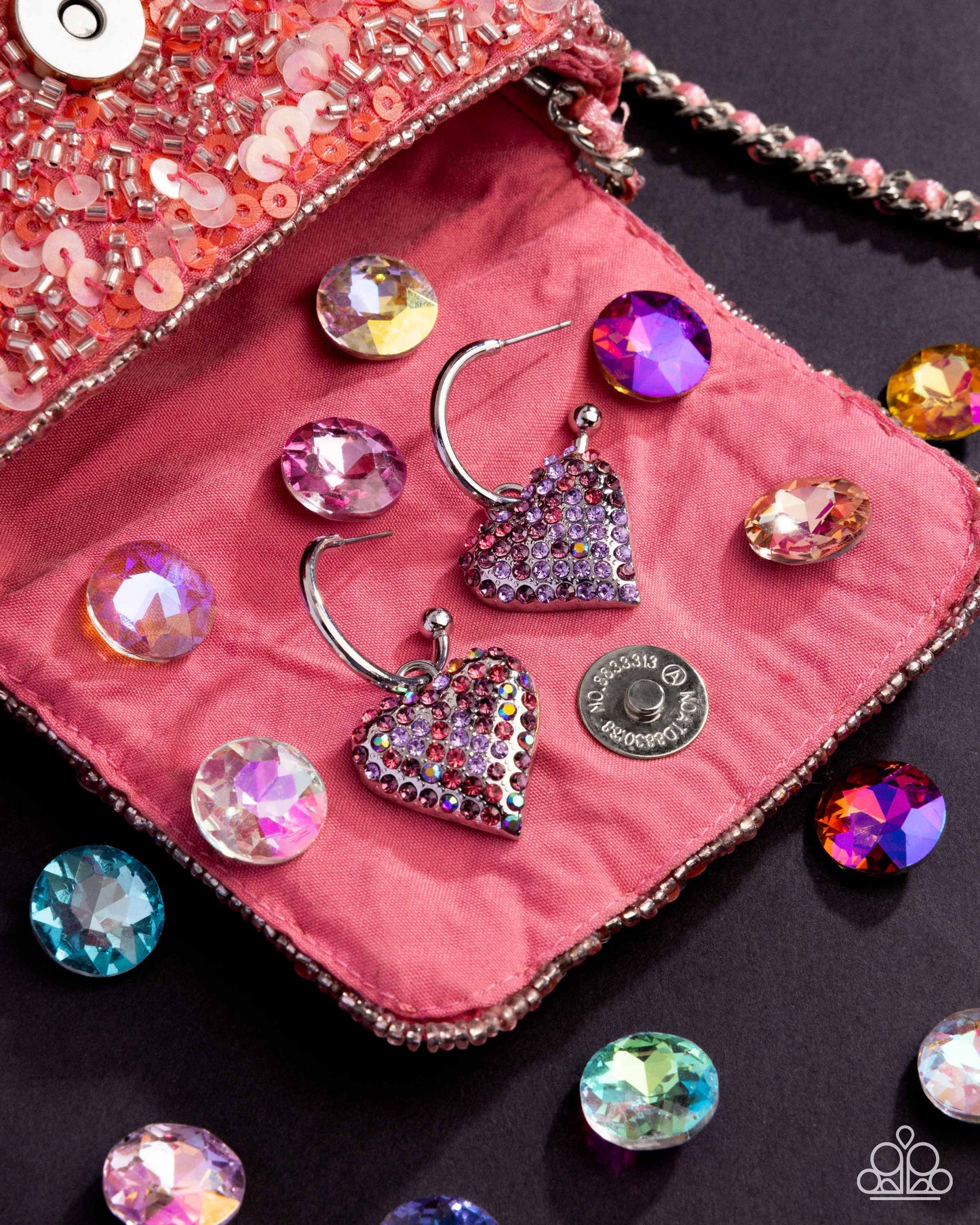 Heartfelt Hypnosis - Purple Iridescent Rhinestone Silver Heart Drop Hoop Earrings - Paparazzi Accessories