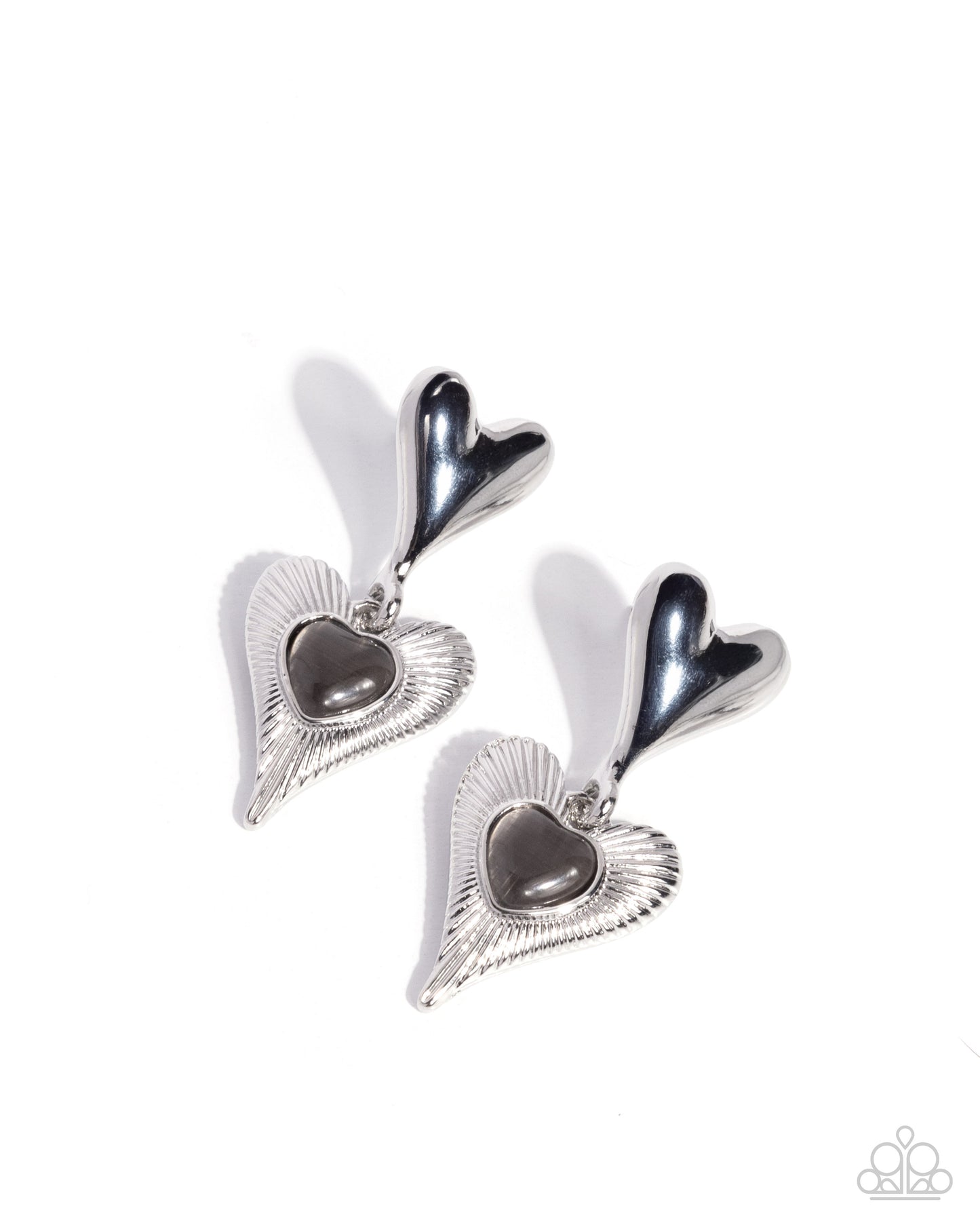 Heart Habitat - Black Cat's Eye Stone Silver Heart Post Earrings - Paparazzi Accessories
