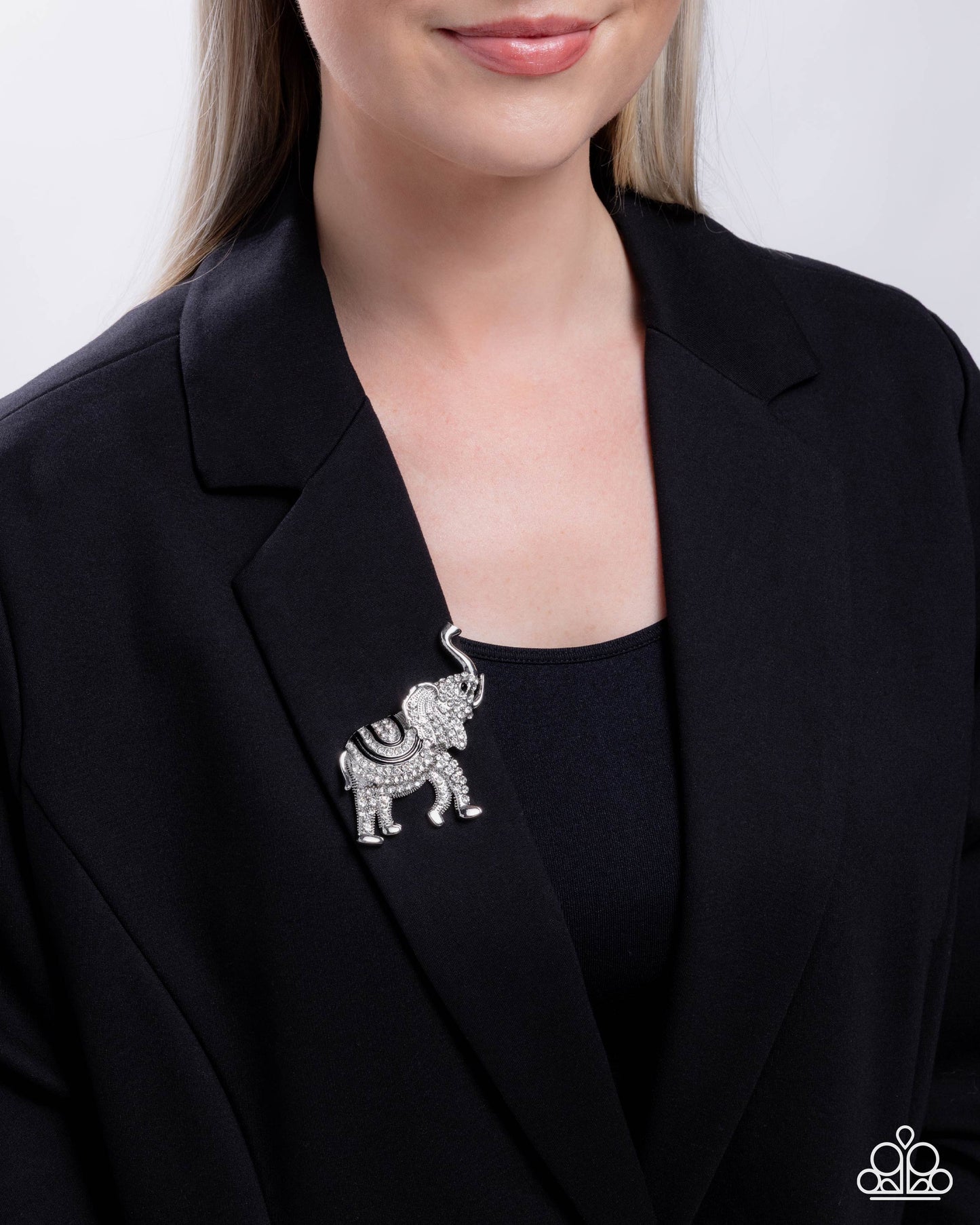 Elephant Embrace - Black Enamel White Rhinestone Silver Brooch - Paparazzi Accessories