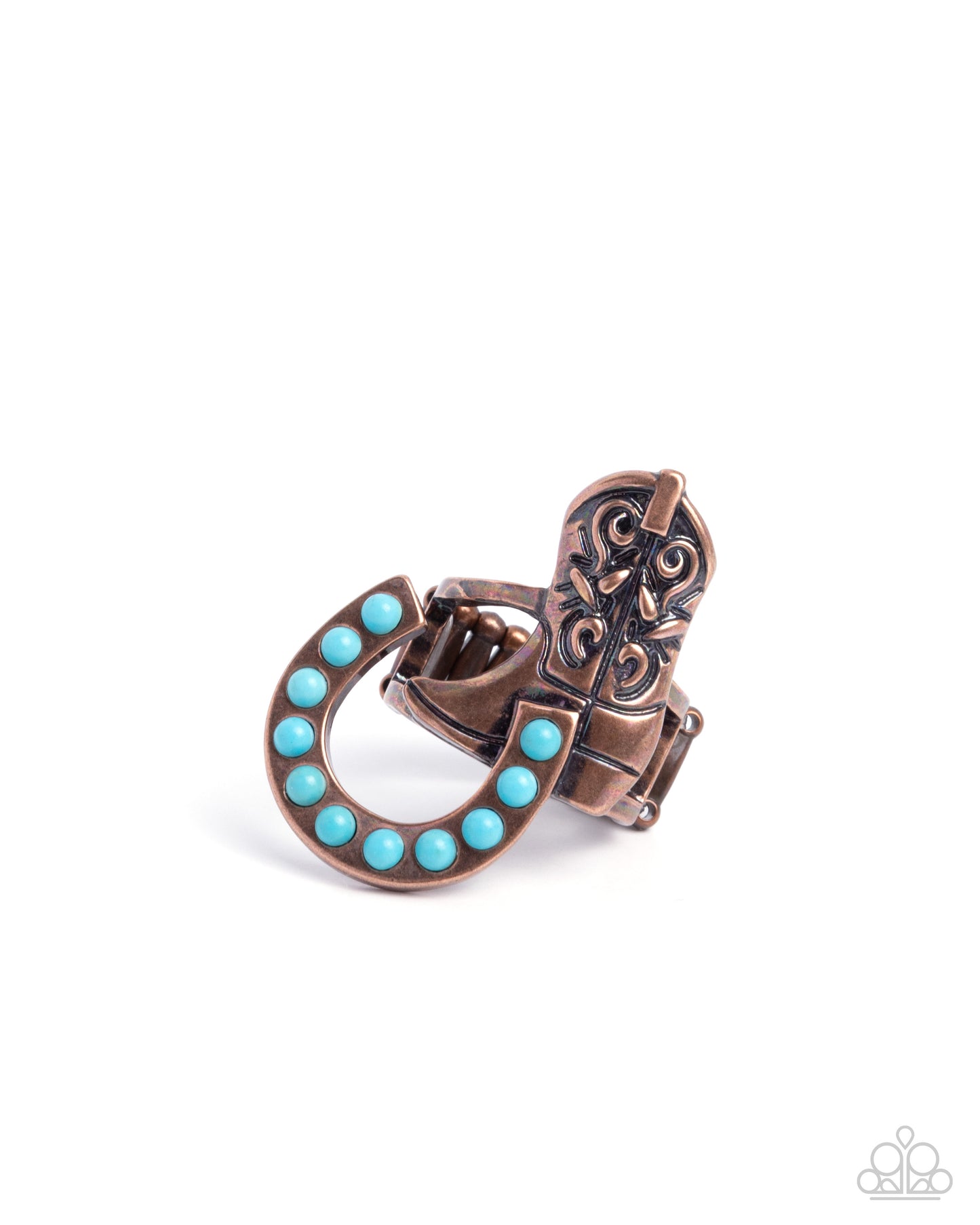 Western Wraparound - Copper Cowboy Boot Turquoise Crackle Stone Horseshoe Ring - Paparazzi Accessories