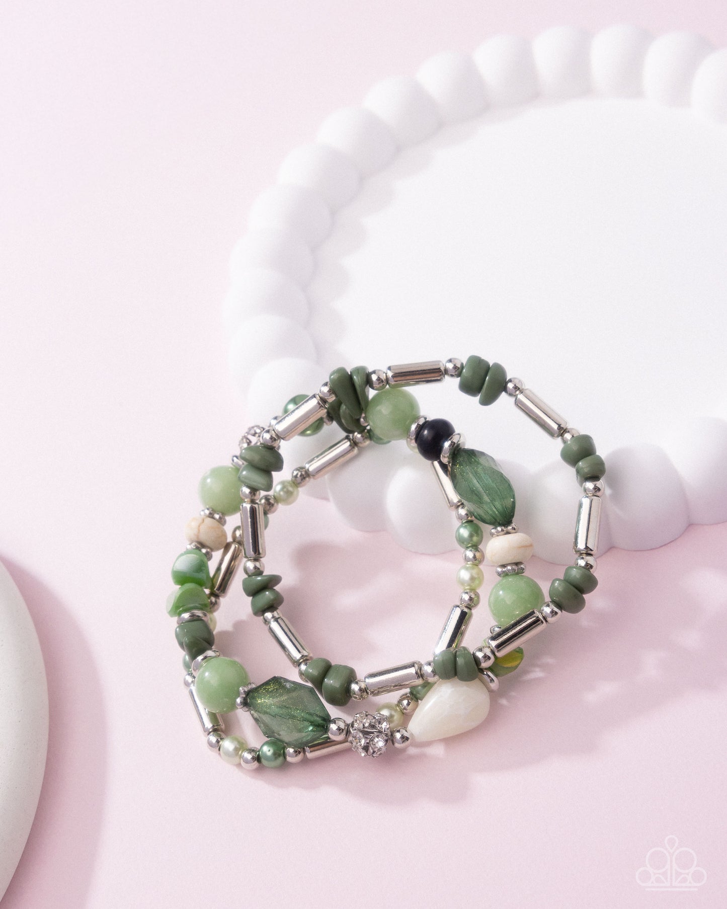 Flashy Fiction - Green Beads Silver Stretchy Bracelets - Paparazzi Accessories