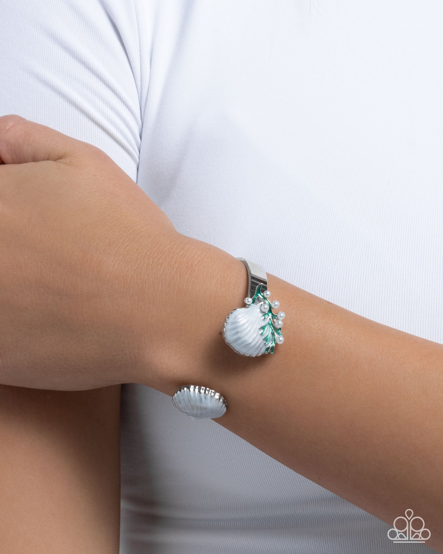 Seashell Splendor - White Enamel Shell Cuff Bracelet - Paparazzi Accessories