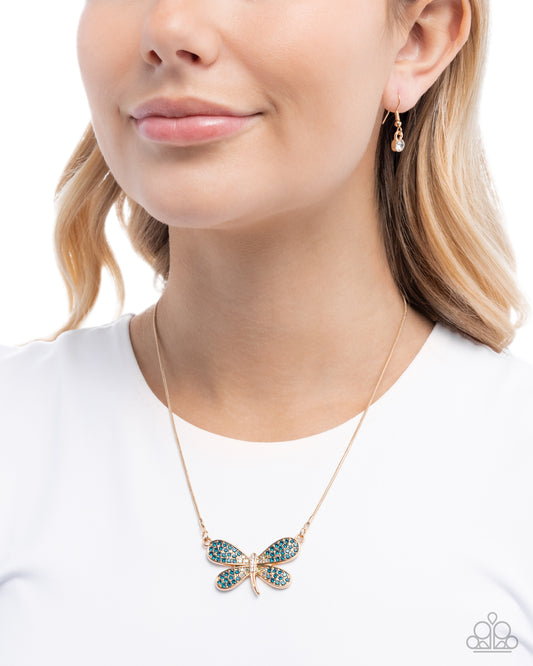 Dragonfly Direction - Gold, Blue and White Dragonfly Pendant Necklace - Paparazzi Accessories