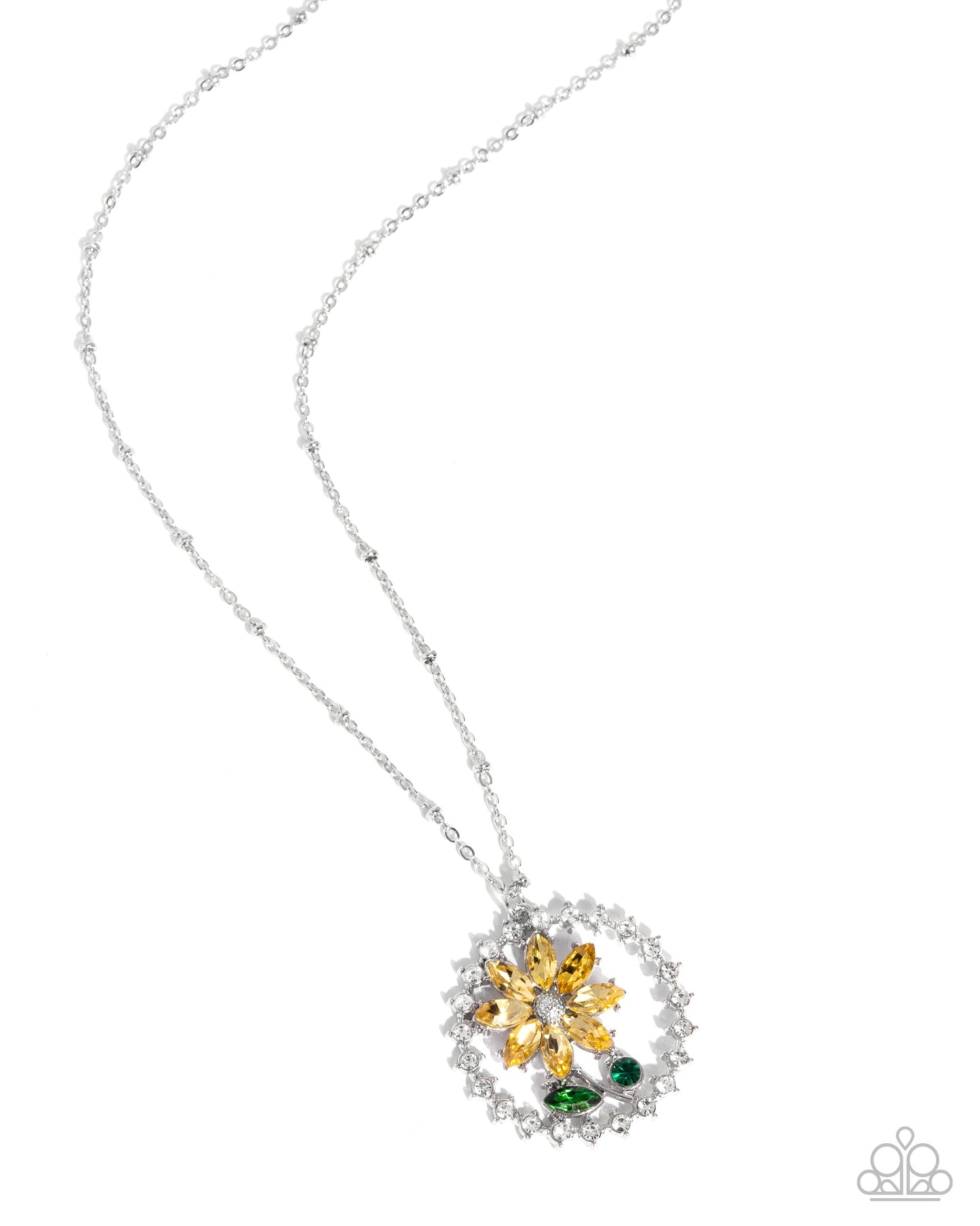 Framing Florals - Yellow Rhinestone Sunflower Pendant Silver Necklace - Paparazzi Accessories