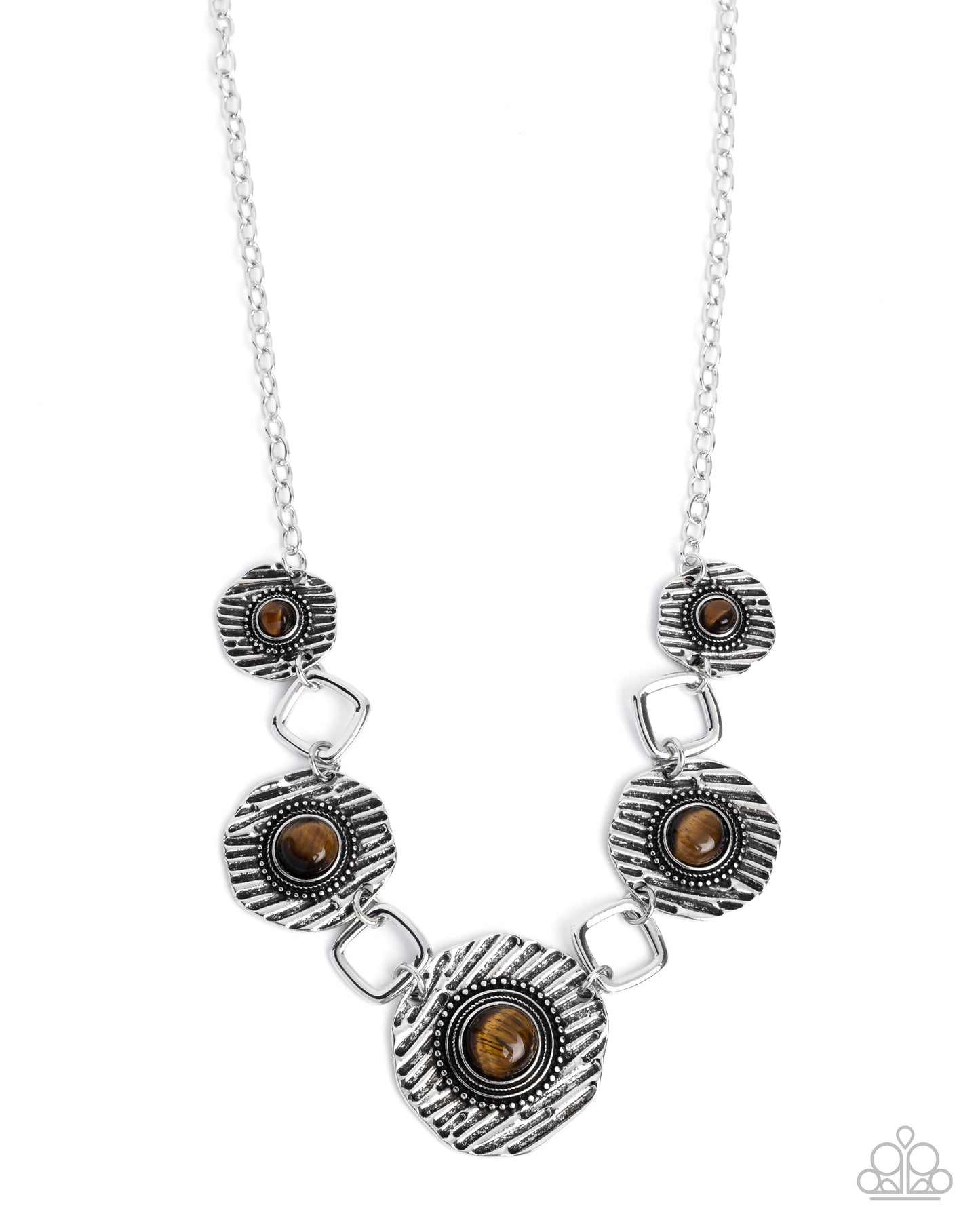 Skewed Squares - Brown Tiger's Eye Stone Silver Necklace - Paparazzi Accessories