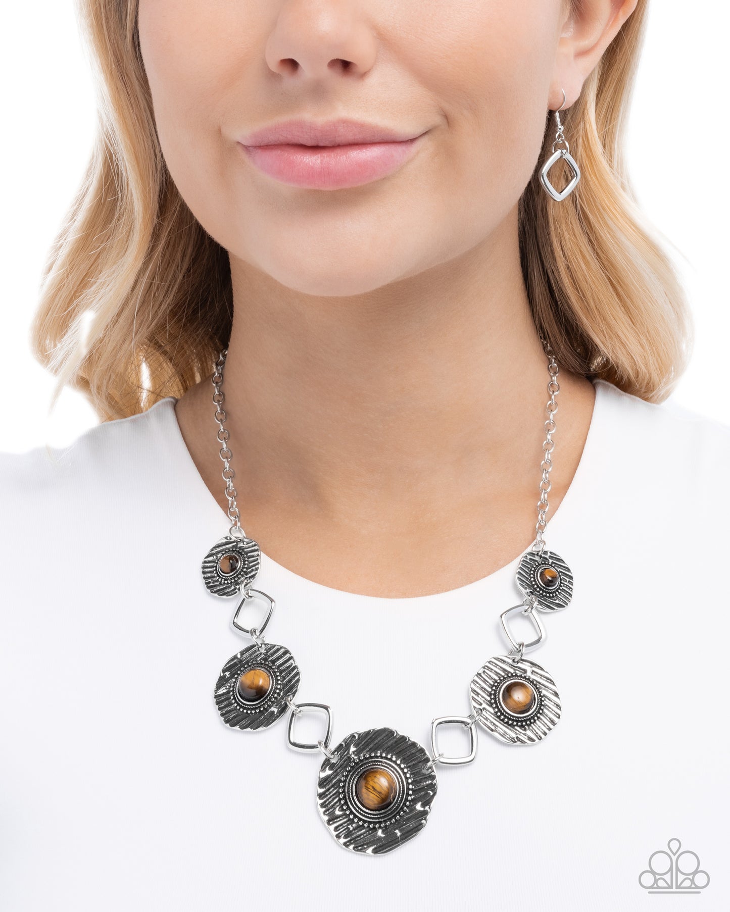 Skewed Squares - Brown Tiger's Eye Stone Silver Necklace - Paparazzi Accessories