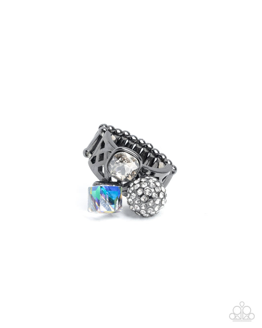 Edgy Expectation - Black - UV Oil Spill Gem, White Rhinestone Disco Ball, Gunmetal Ring - Paparazzi Accessories