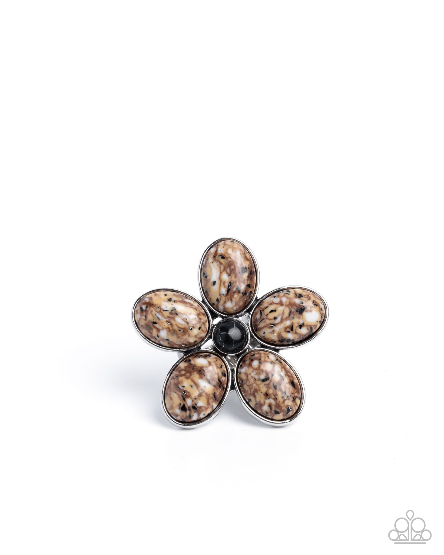Blooming Bounty - Brown Marbled Stone Flower Silver Ring - Paparazzi Accessories