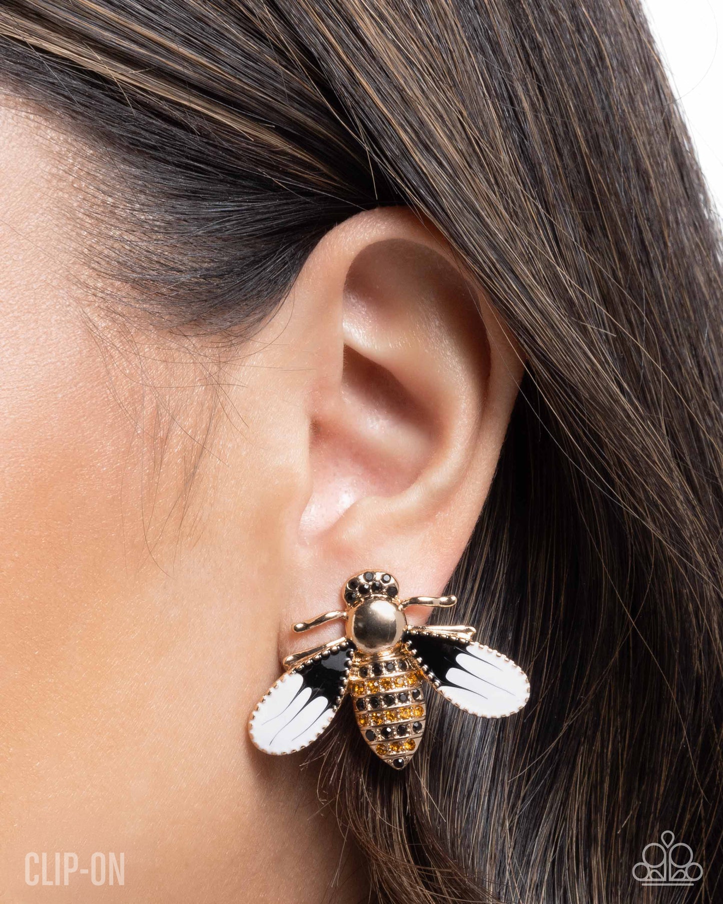 Blissful Bee - Gold, Black Onyx & Topaz Rhinestone, Clip-on Earrings - Paparazzi