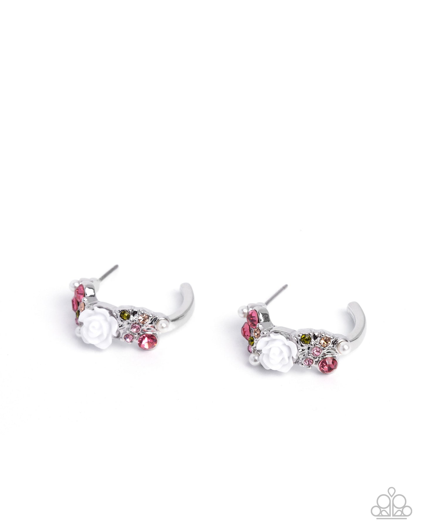 Borderline Bloom - Pink & Green Rhinestone White Resin Rose Silver Hoop Earrings - Paparazzi Accessories
