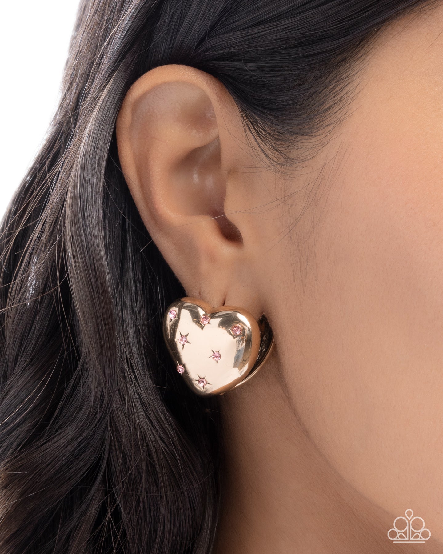 Sweetheart Stars - Pink Rhinestone Gold Heart Hinge Hoop Earrings - Paparazzi Accessories