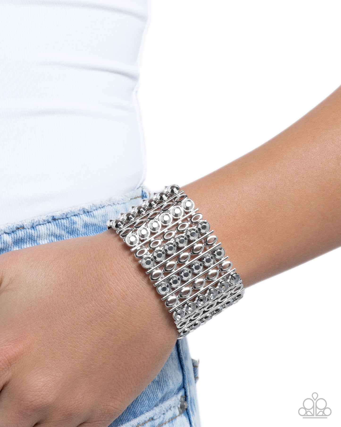 Reflective Rows - Silver - Smoky Gems Silver Stretchy Bracelet - Paparazzi Accessories